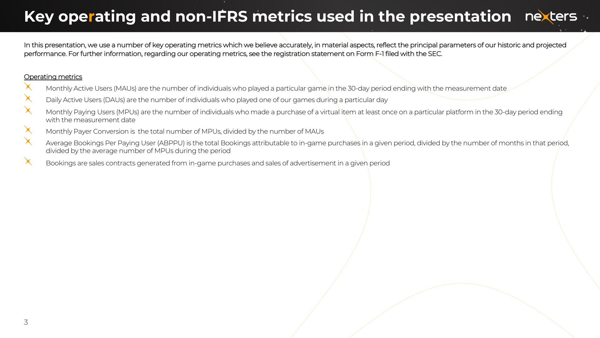 key operating and non metrics used in the presentation | Nexters