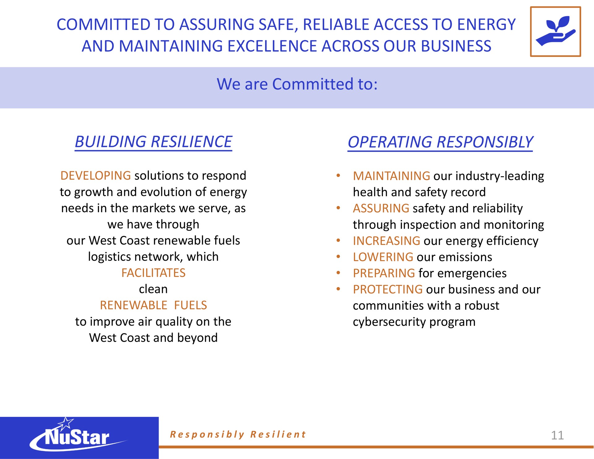 committed to assuring safe reliable access to energy and maintaining excellence across our business we are committed to building resilience operating responsibly | NuStar Energy