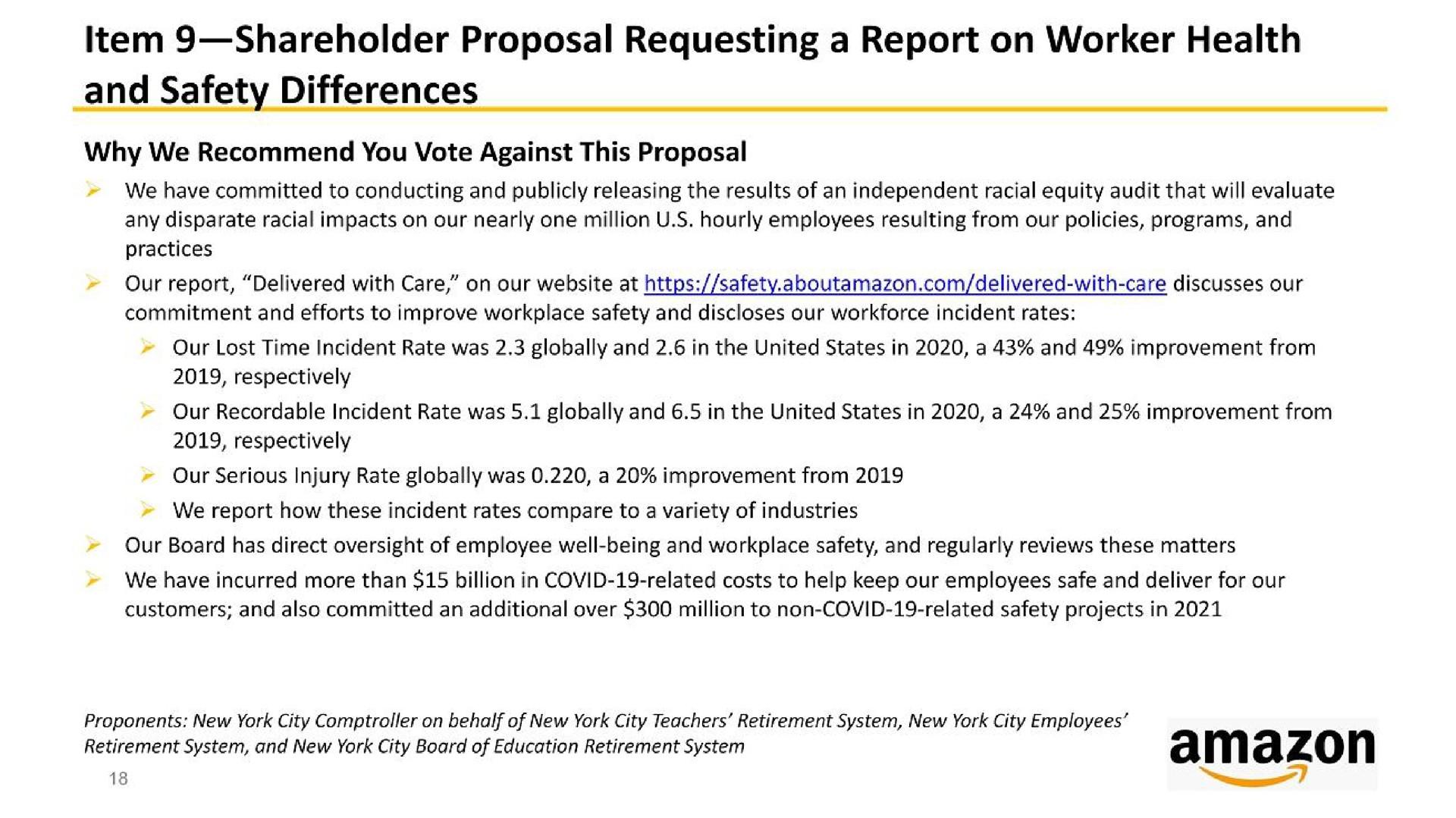 item shareholder proposal requesting a report on worker health and safety differences | Amazon
