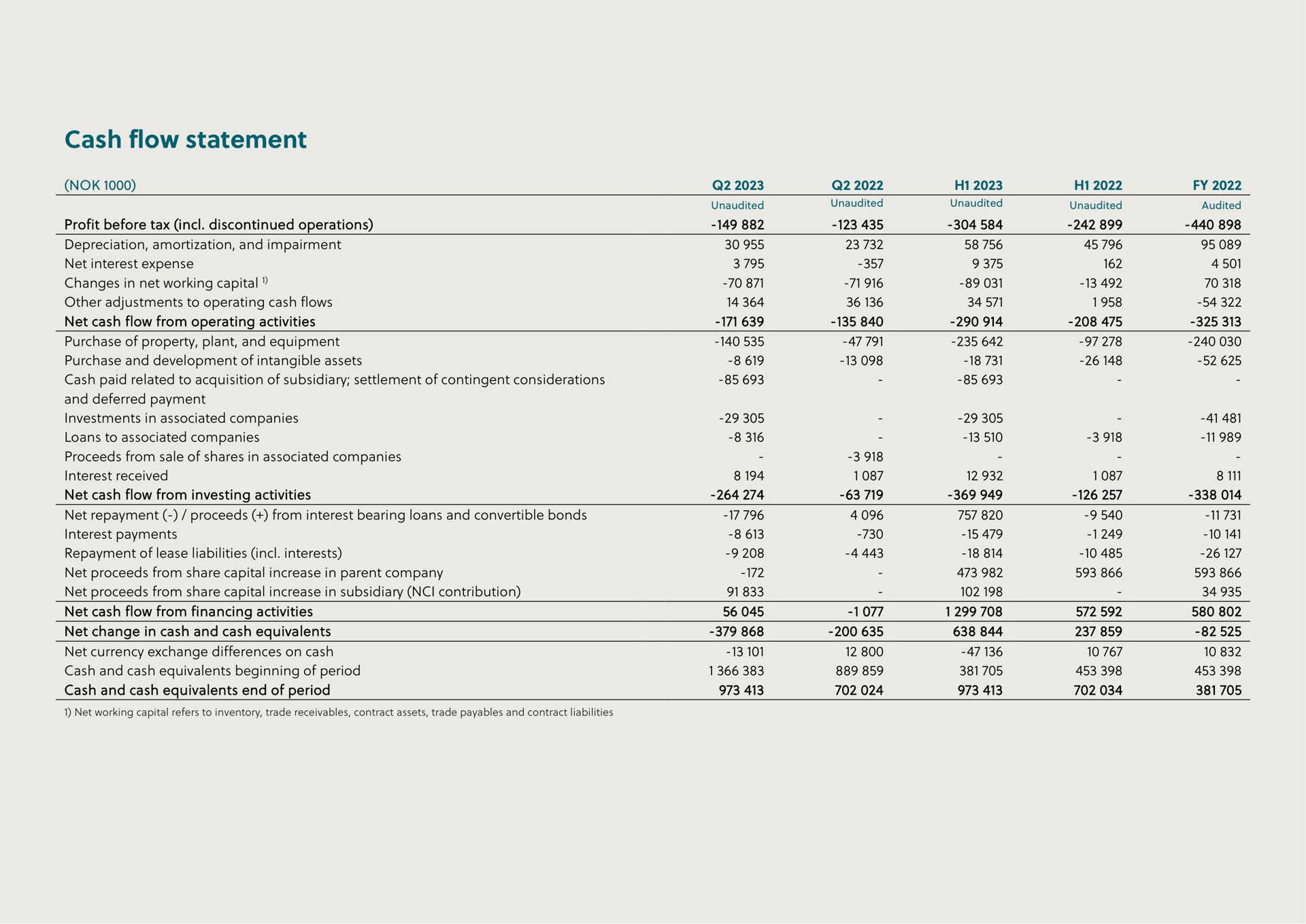 cash flow statement net from operating activities and deferred payment net from financing activities net change in and equivalents and equivalents end of period | Hexagon Purus