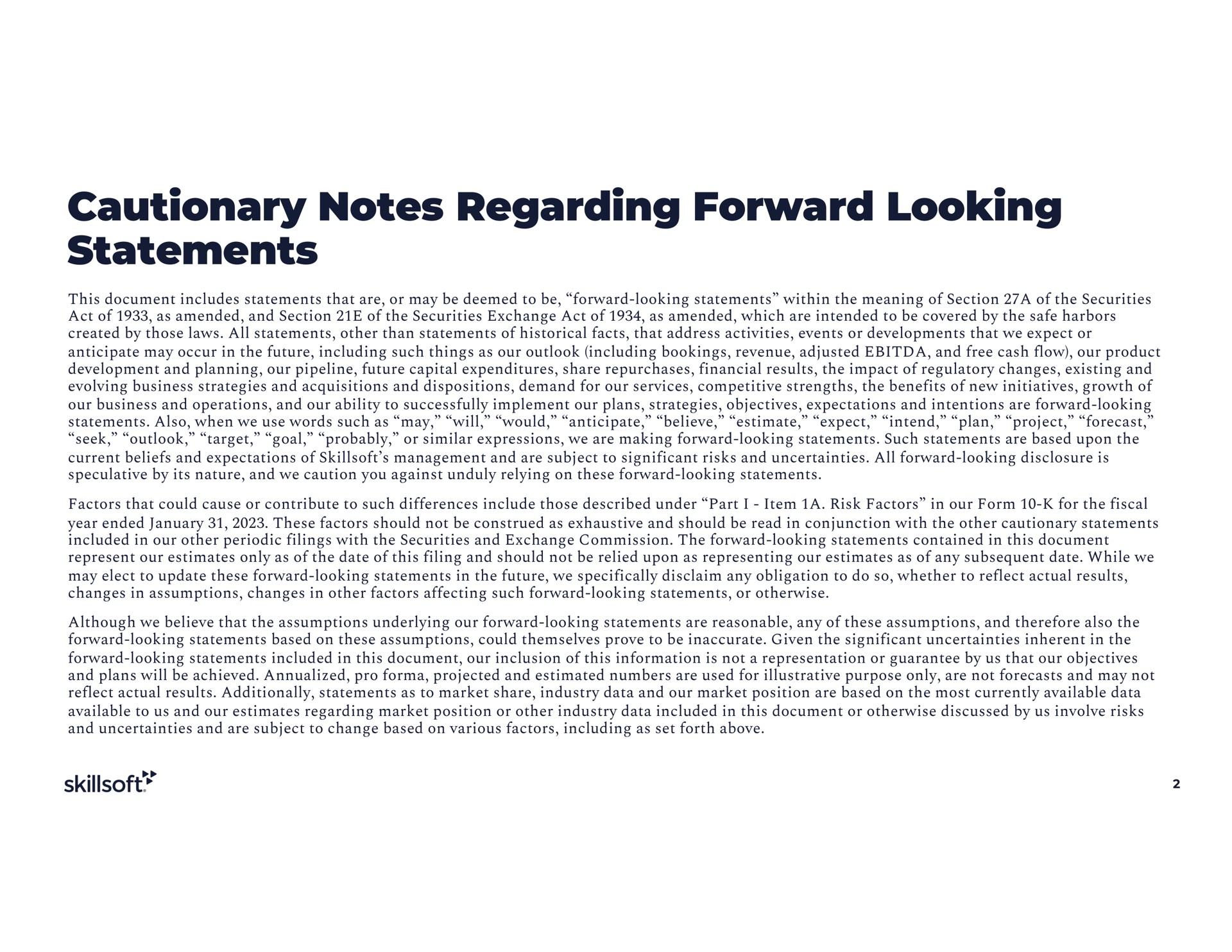 cautionary notes regarding forward looking statements | Skillsoft