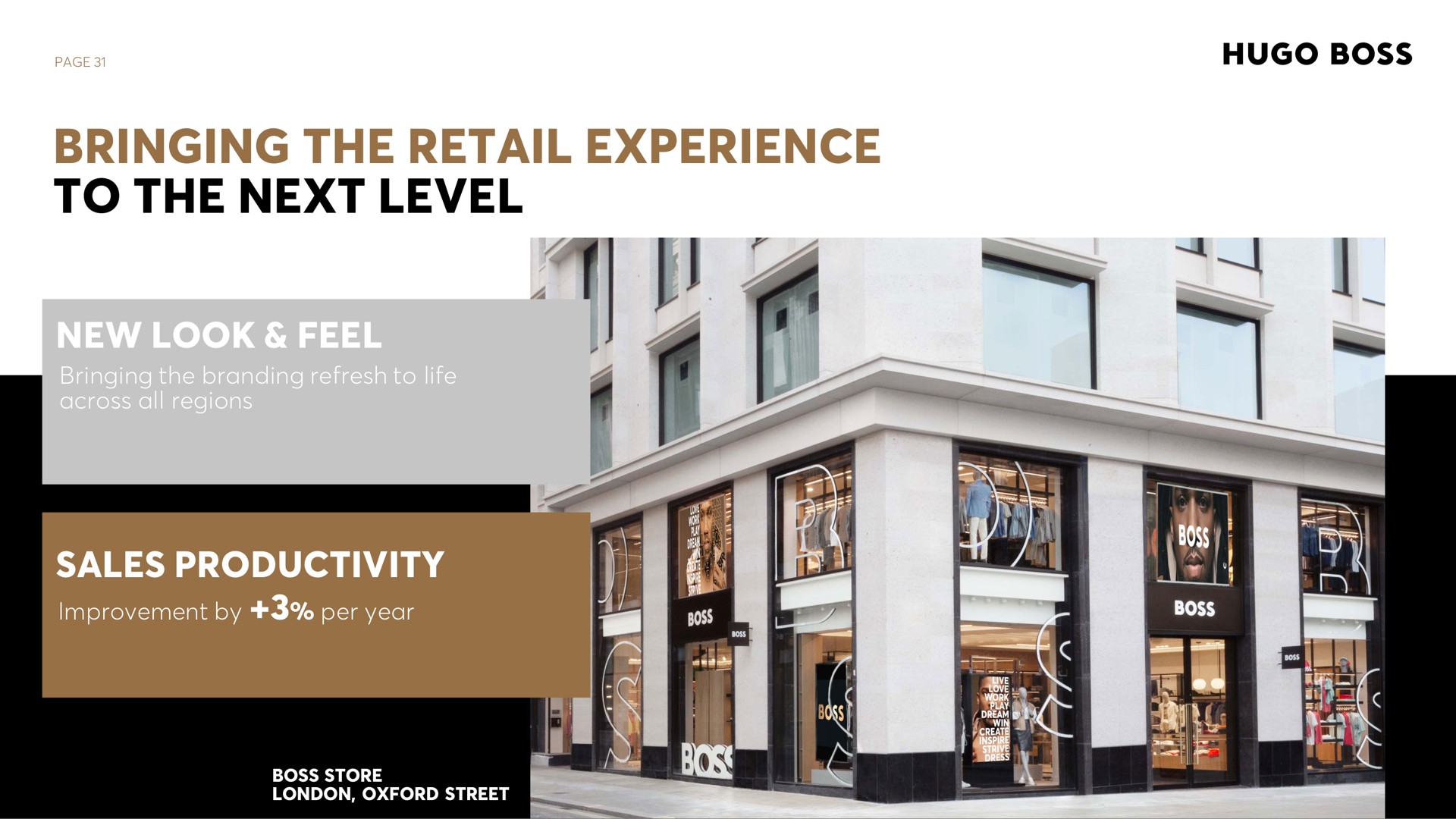page bringing the retail experience to the next level new look feel bringing the branding refresh to life across all regions sales productivity improvement by per year boss store street | Hugo Boss