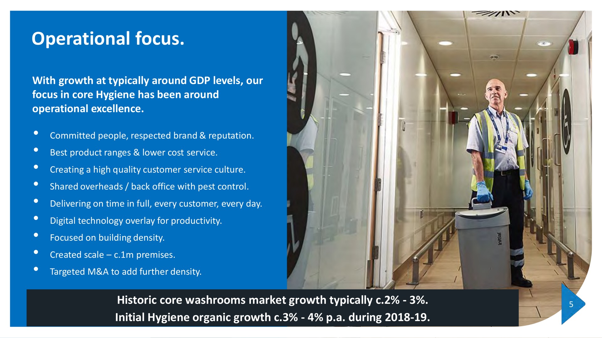 operational focus with growth at typically around levels our focus in core hygiene has been around operational excellence historic core washrooms market growth typically initial hygiene organic growth a during | Rentokil Initial