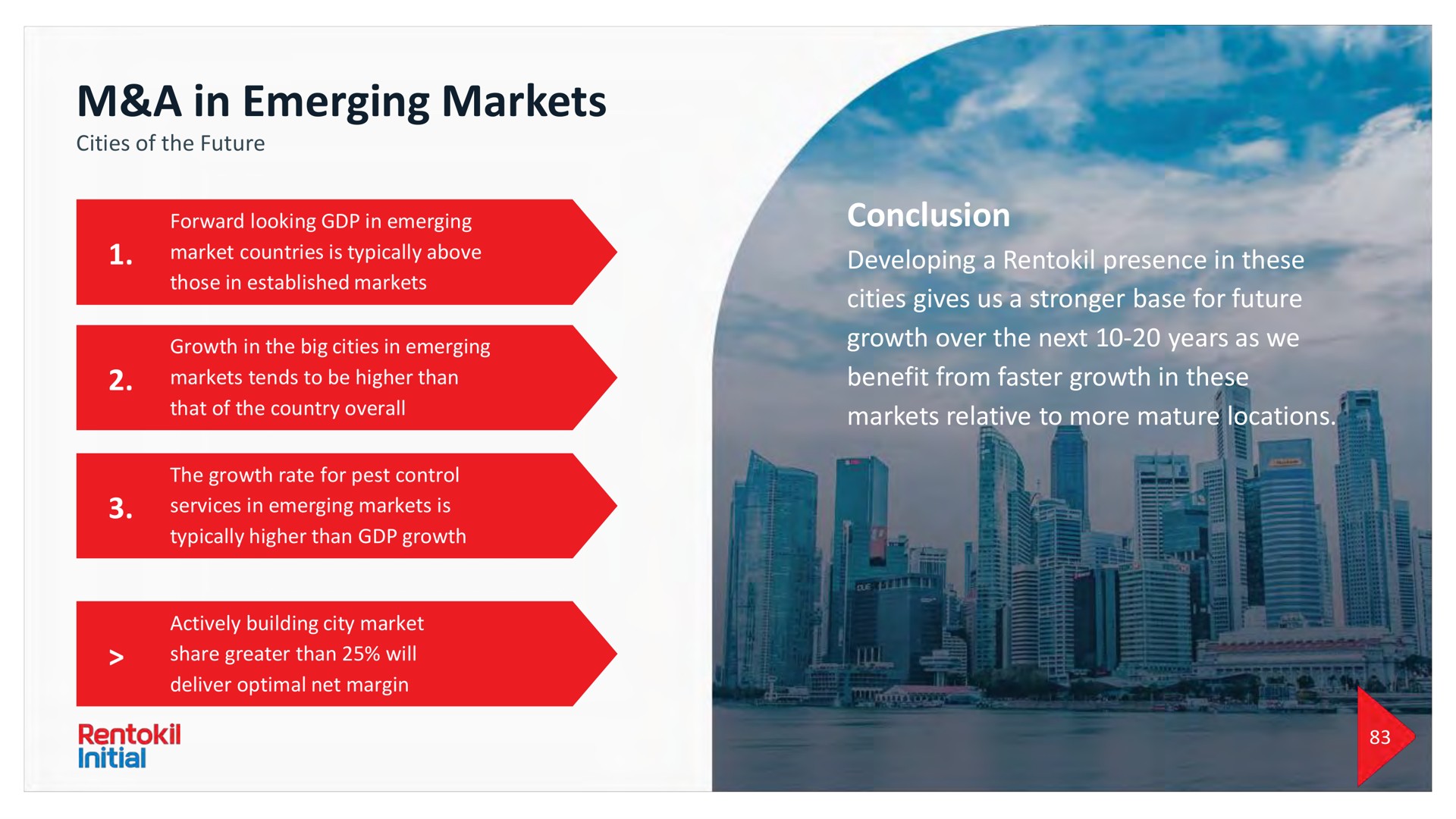 a in emerging markets conclusion developing a presence in these cities gives us a base for future growth over the next years as we benefit from faster growth in these markets relative to more mature locations | Rentokil Initial
