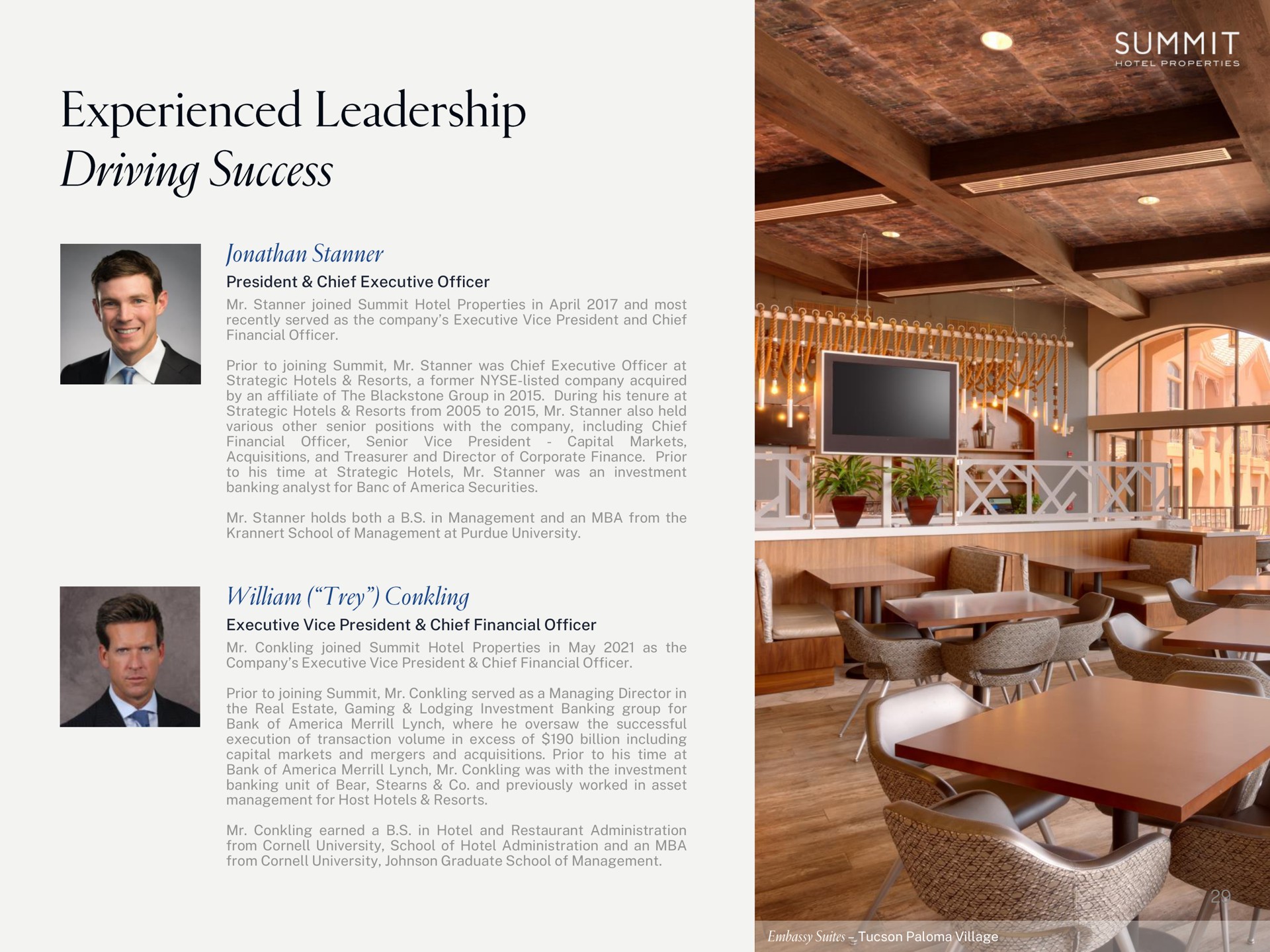 president chief executive officer executive vice president chief financial officer experienced leadership driving success | Summit Hotel Properties