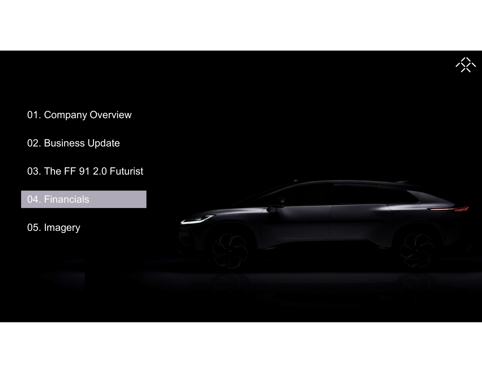 company overview company overview business update business update the futurist the futurist imagery imagery | Faraday Future