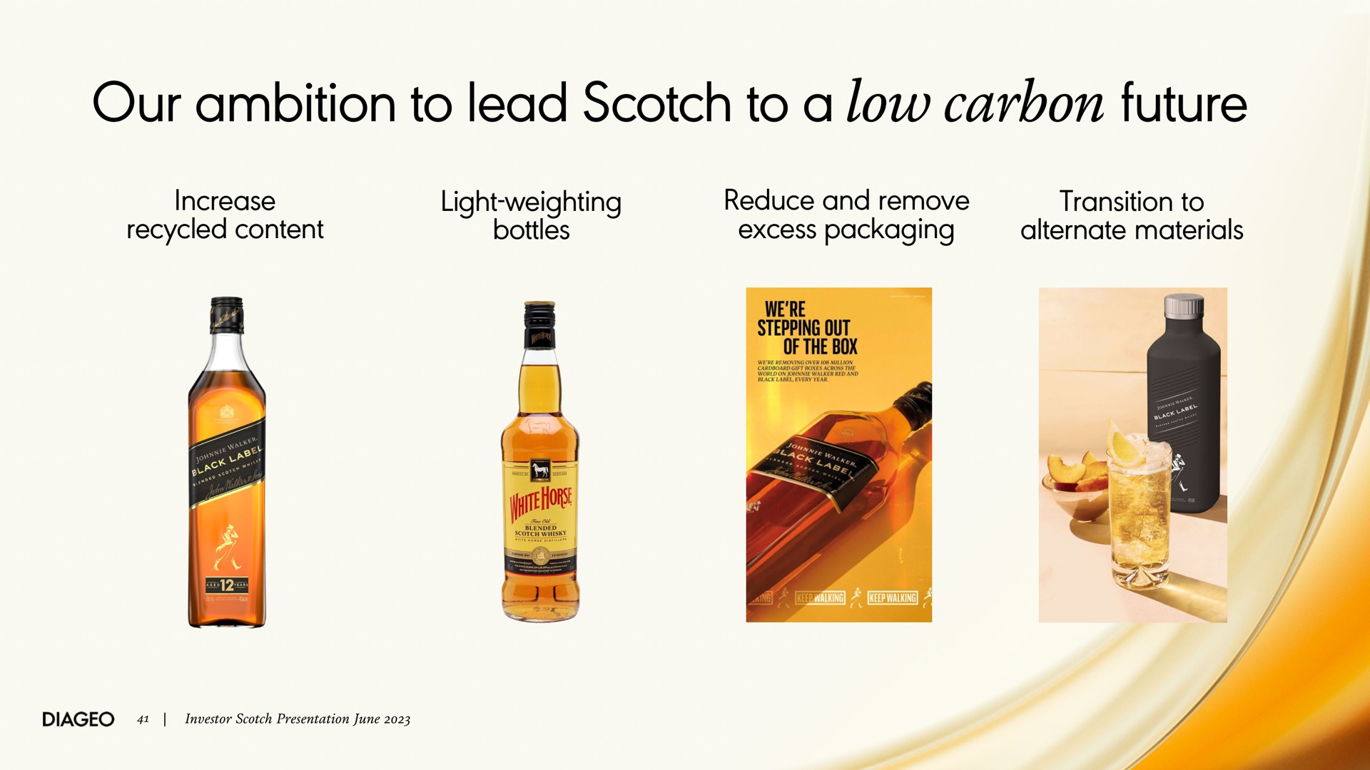our ambition to lead scotch to a low carbon future increase recycled content light weighting bottles reduce and remove excess packaging transition to alternate materials we stepping out box investor presentation june | Diageo
