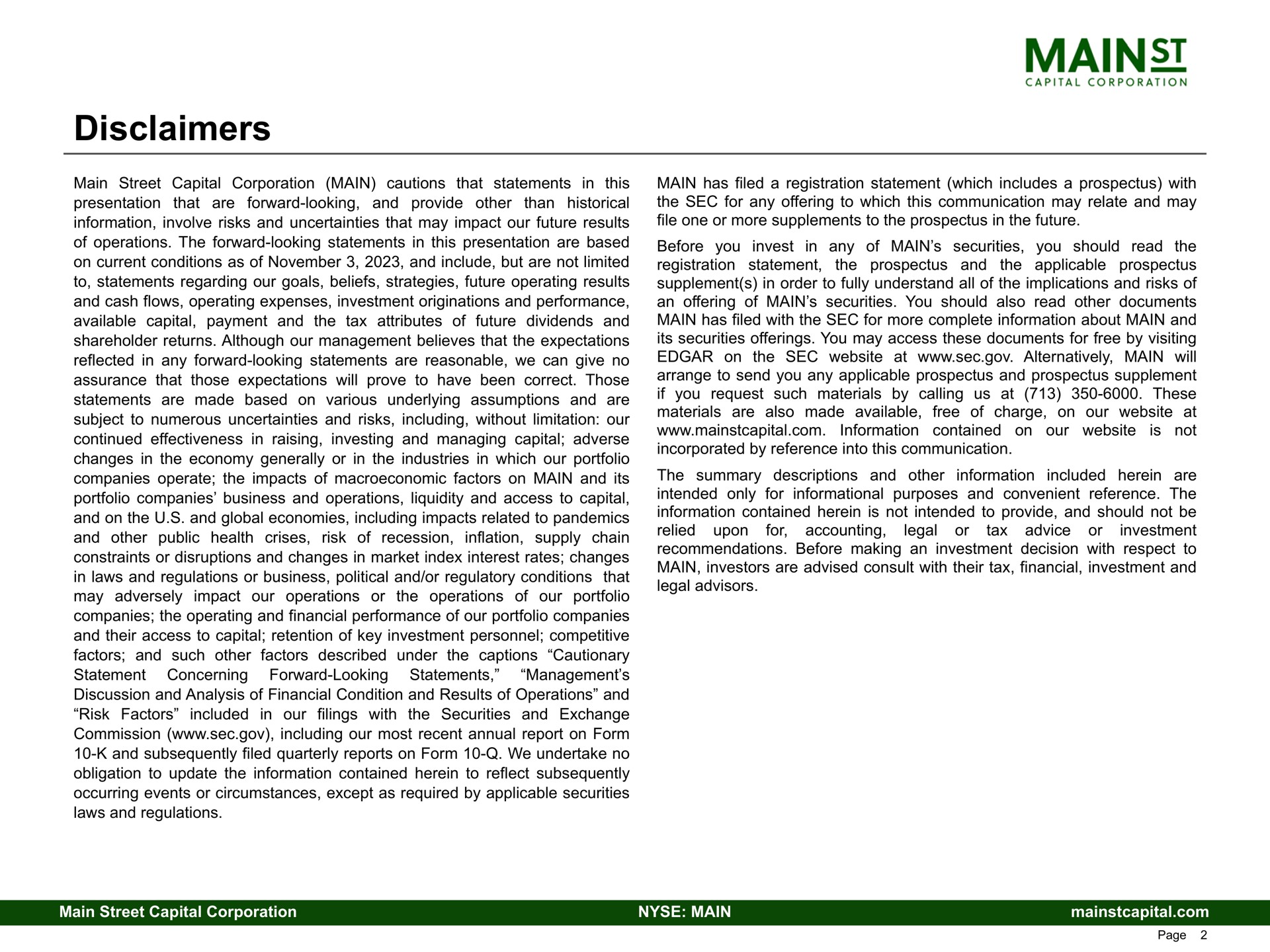 disclaimers mains | Main Street Capital