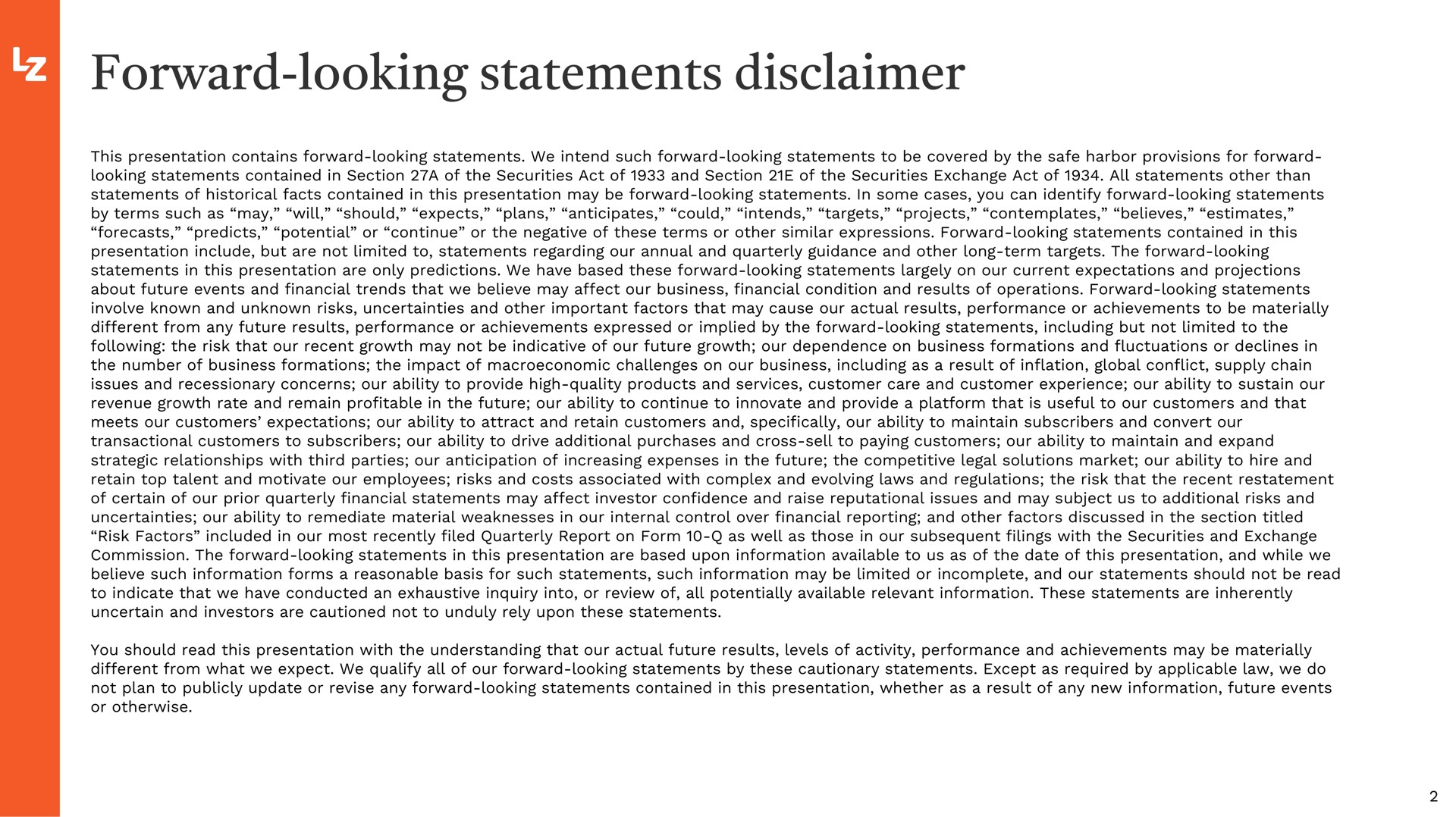 forward looking statements disclaimer | LegalZoom.com