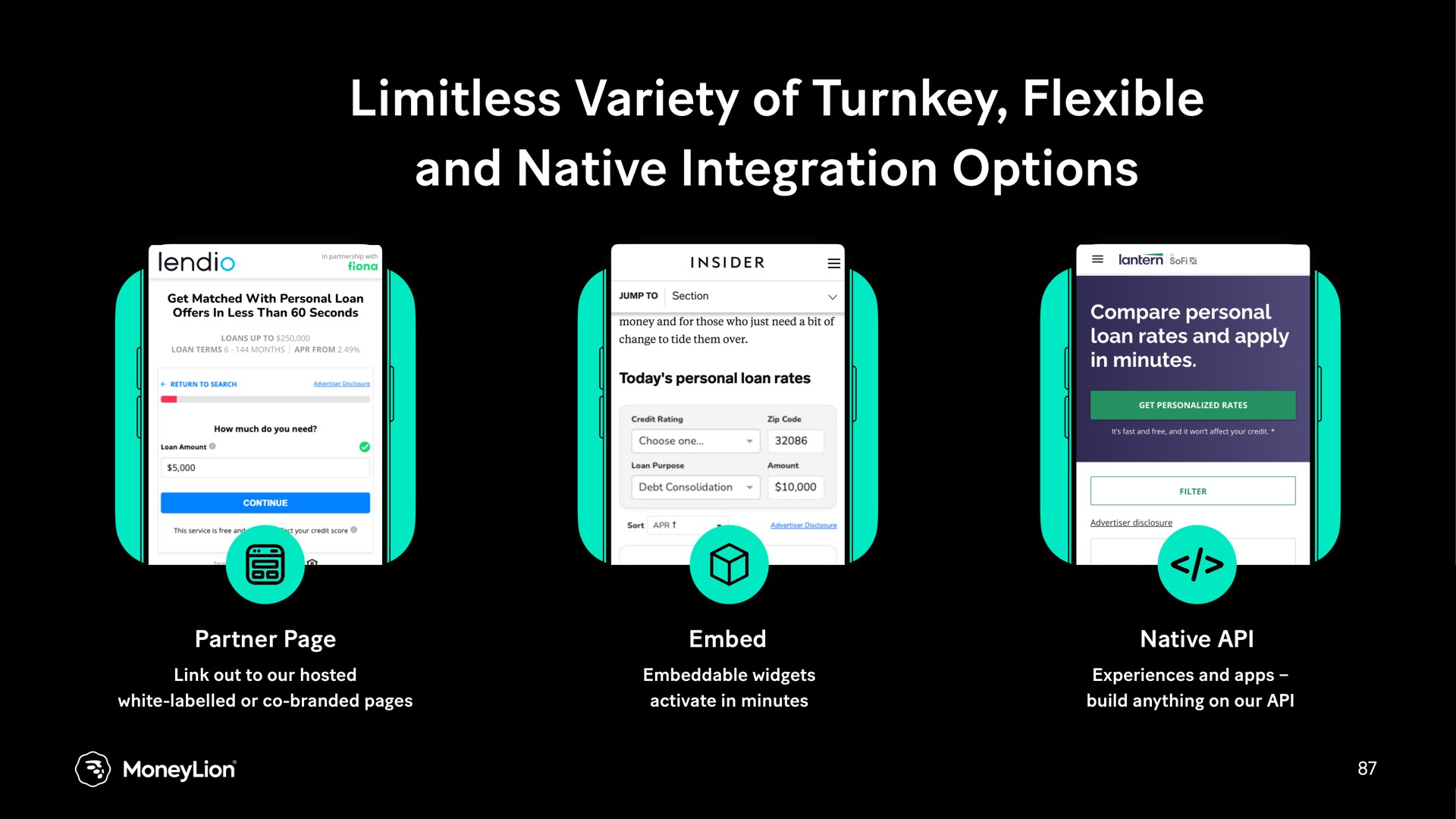limitless variety of turnkey flexible and native integration options | MoneyLion