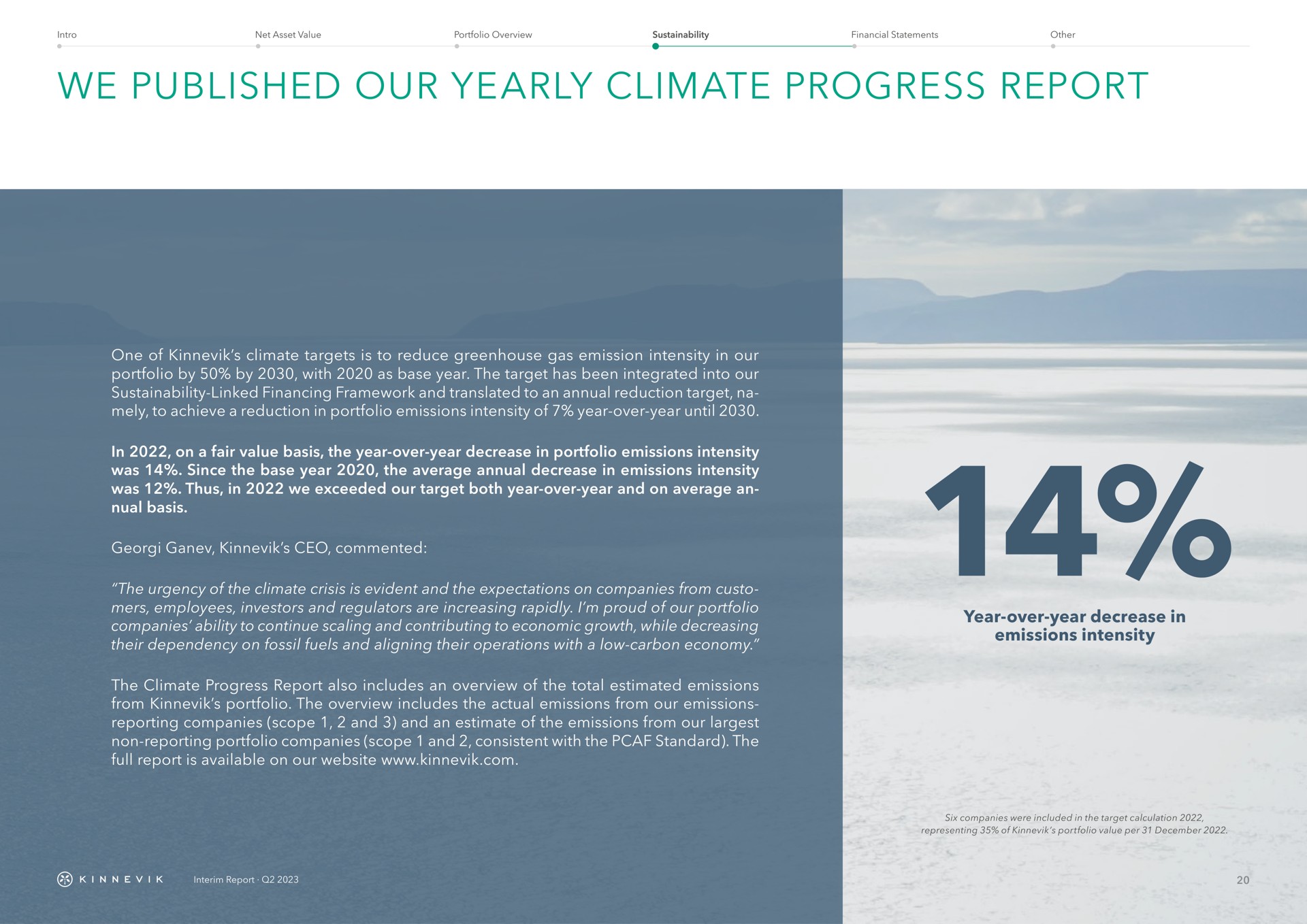 we published our yearly climate progress report one of climate targets is to reduce greenhouse gas emission intensity in our portfolio by by with as base year the target has been integrated into our linked financing framework and translated to an annual reduction target to achieve a reduction in portfolio emissions intensity of year over year until in on a fair value basis the year over year decrease in portfolio emissions intensity was since the base year the average annual decrease in emissions intensity was thus in we exceeded our target both year over year and on average an basis commented the urgency of the climate crisis is evident and the expectations on companies from employees investors and regulators are increasing rapidly i of our portfolio companies ability to continue scaling and contributing to economic growth while decreasing their dependency on fossil fuels and aligning their operations with a low carbon economy the climate progress report also includes an overview of the total estimated emissions from portfolio the overview includes the actual emissions from our emissions reporting companies scope and and an estimate of the emissions from our non reporting portfolio companies scope and consistent with the standard the full report is available on our year over year decrease in emissions intensity eke yen | Kinnevik