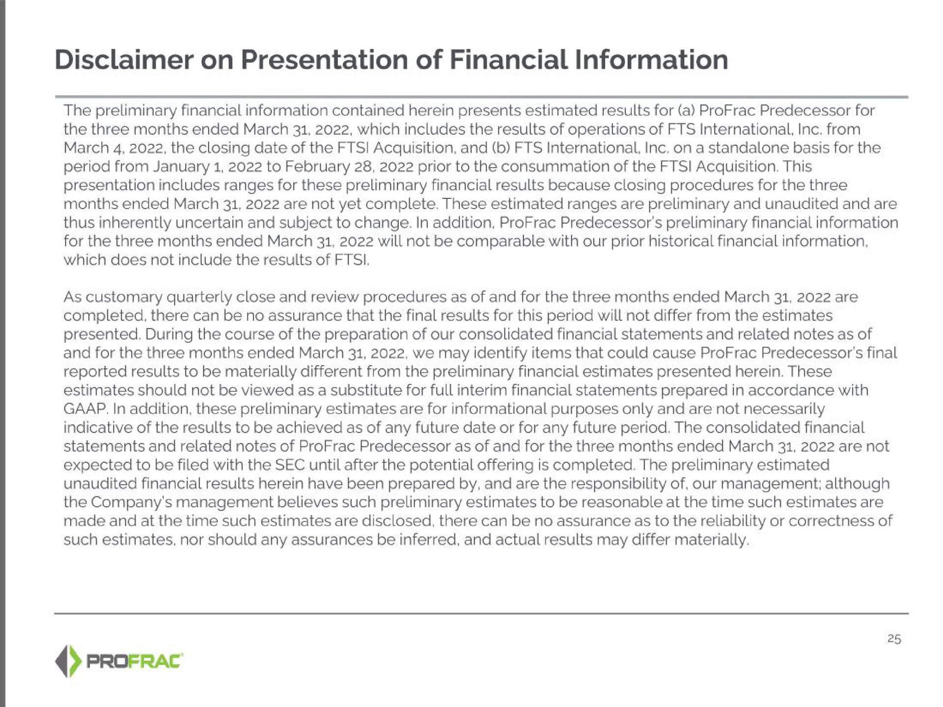disclaimer on presentation of financial information | Profrac