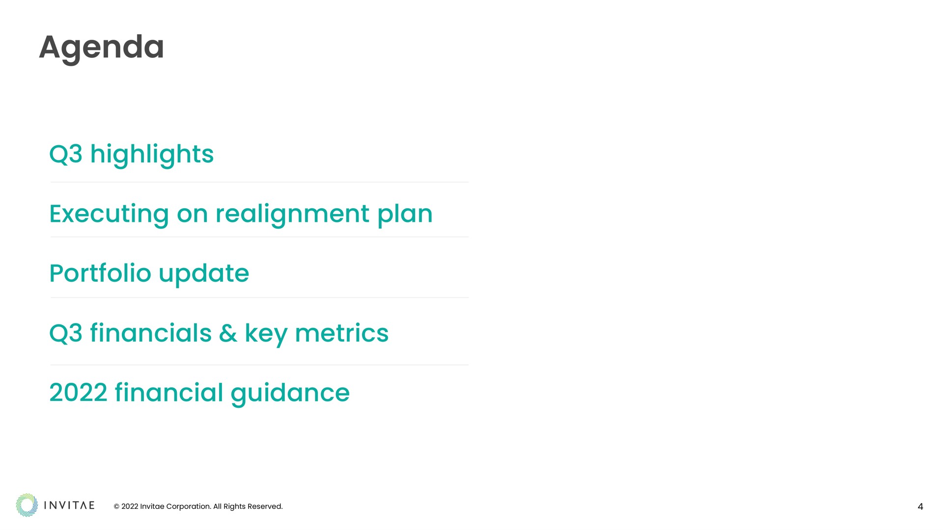 agenda highlights executing on realignment plan portfolio update key metrics financial guidance | Invitae