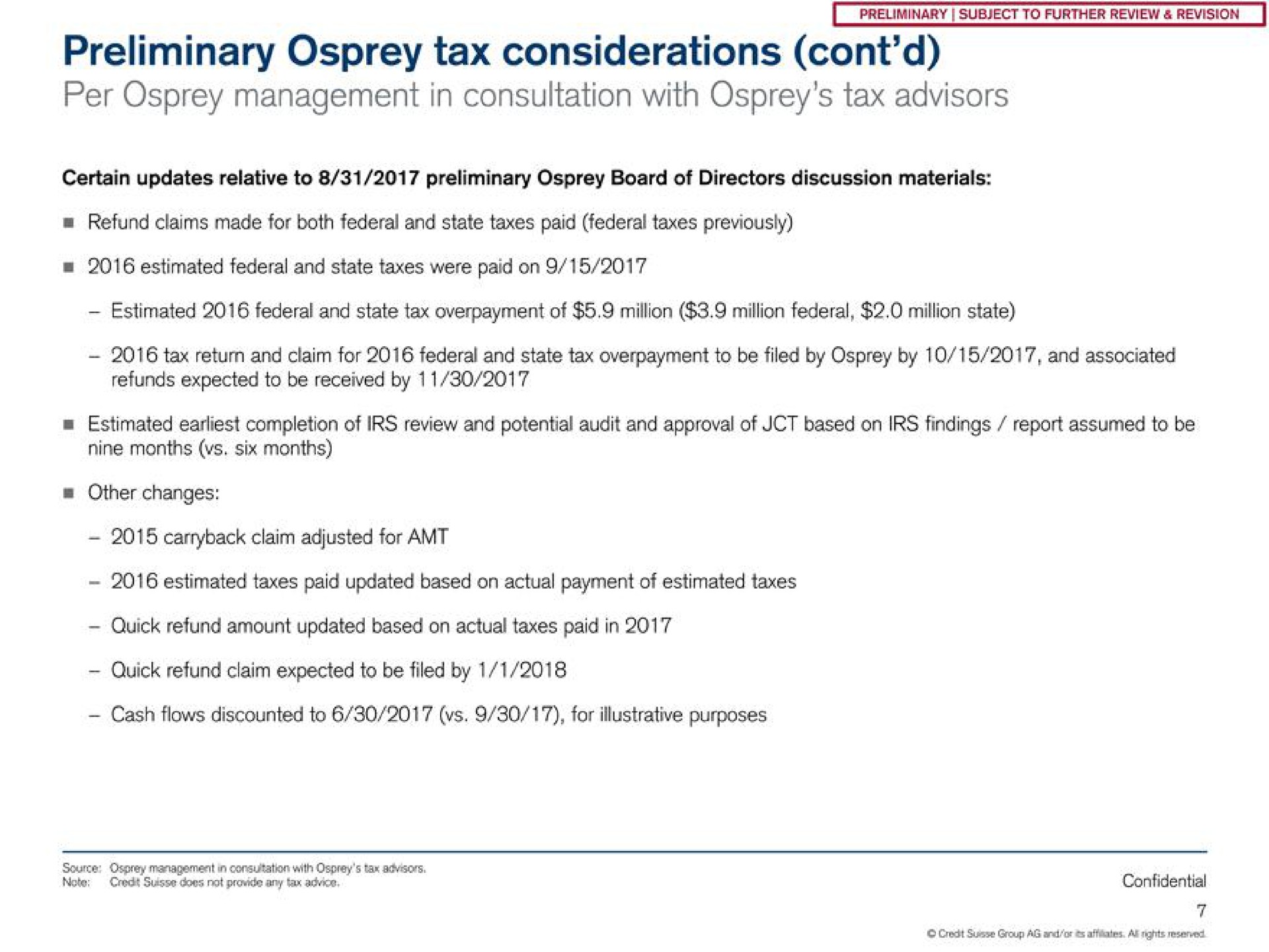 preliminary osprey tax considerations per osprey management in consultation with osprey tax advisors | Credit Suisse