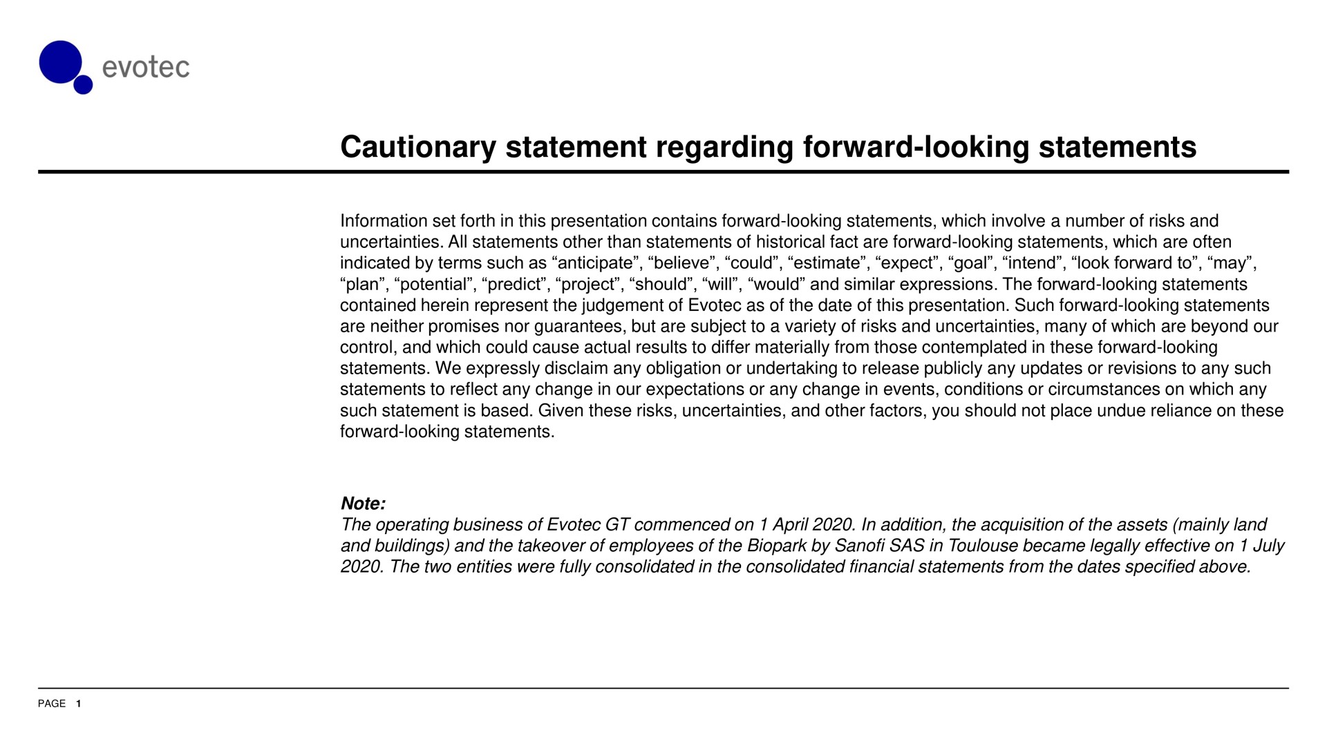 cautionary statement regarding forward looking statements | Evotec