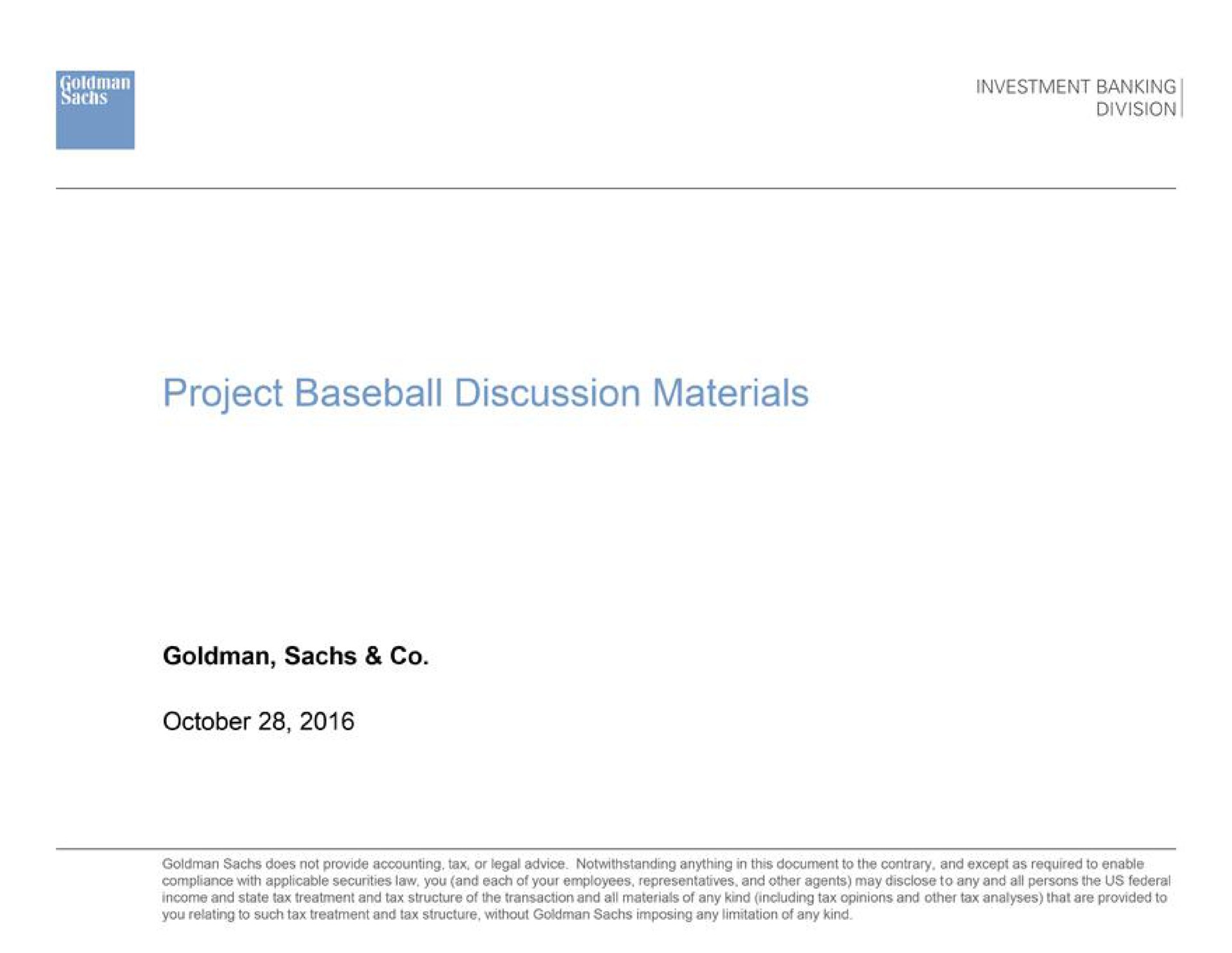 project baseball discussion materials | Goldman Sachs