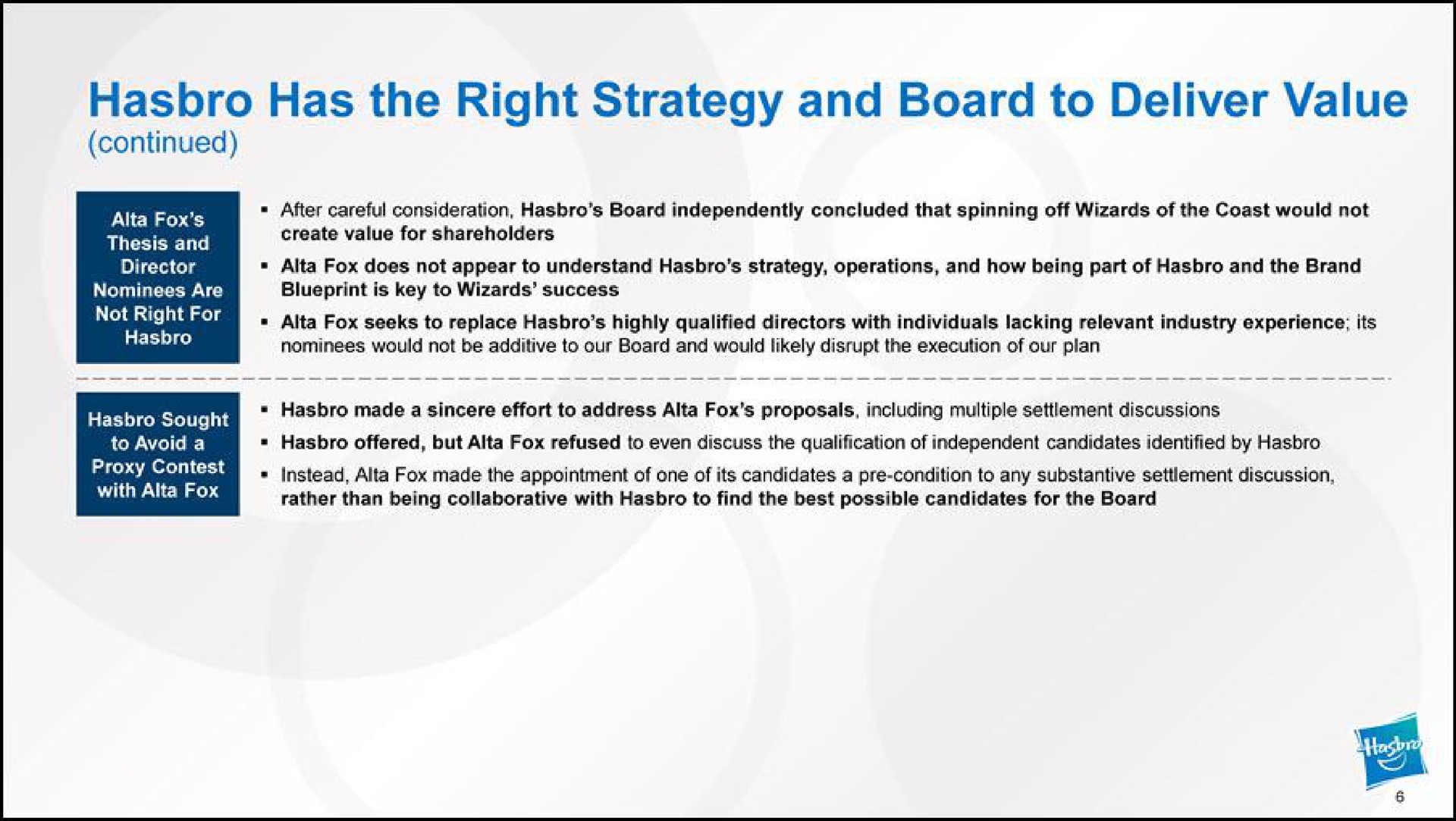 has the right strategy and board to deliver value continued | Hasbro
