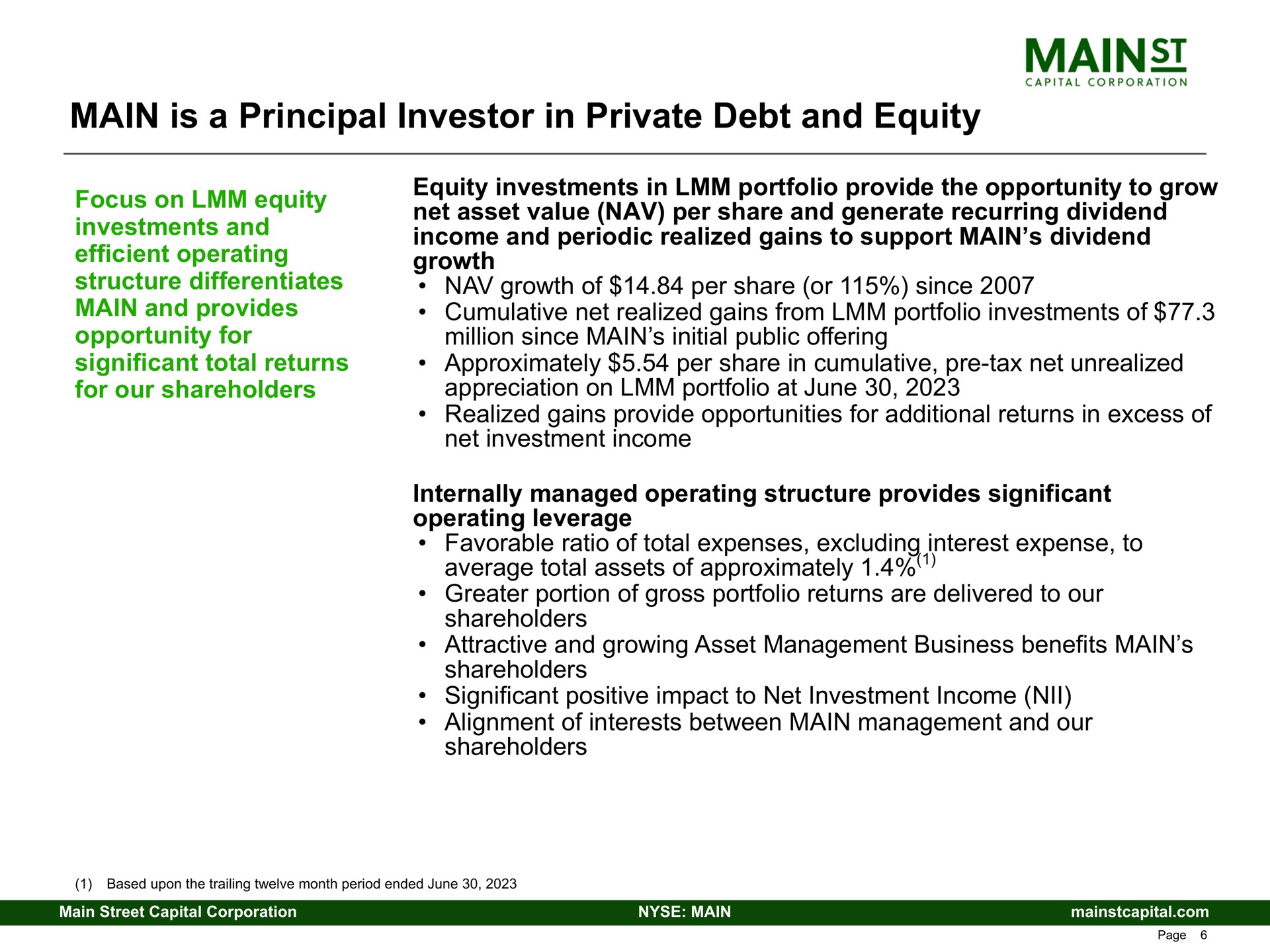 main is a principal investor in private debt and equity structure differentiates provides growth of per share or since cumulative net realized gains from portfolio investments of | Main Street Capital