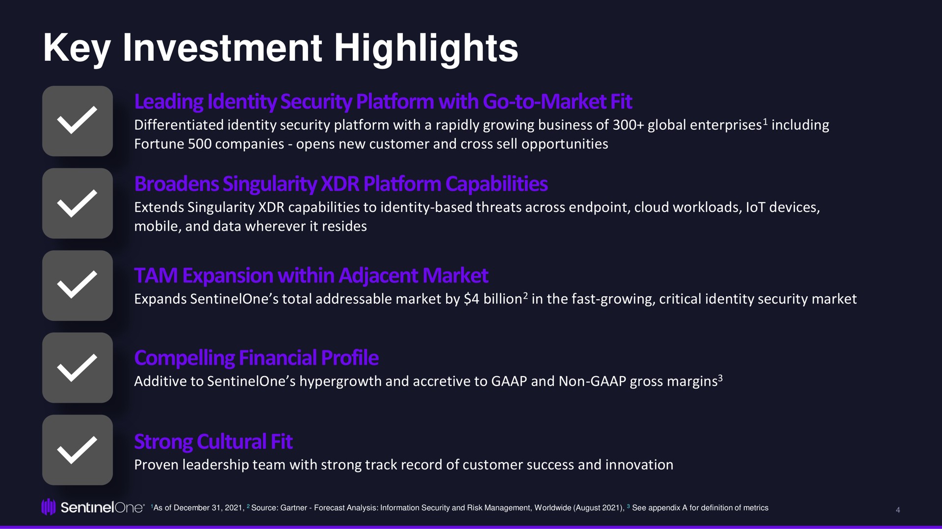key investment highlights leading identity security platform with go to market fit broadens singularity platform capabilities tam expansion within adjacent market compelling financial profile strong cultural fit a | SentinelOne