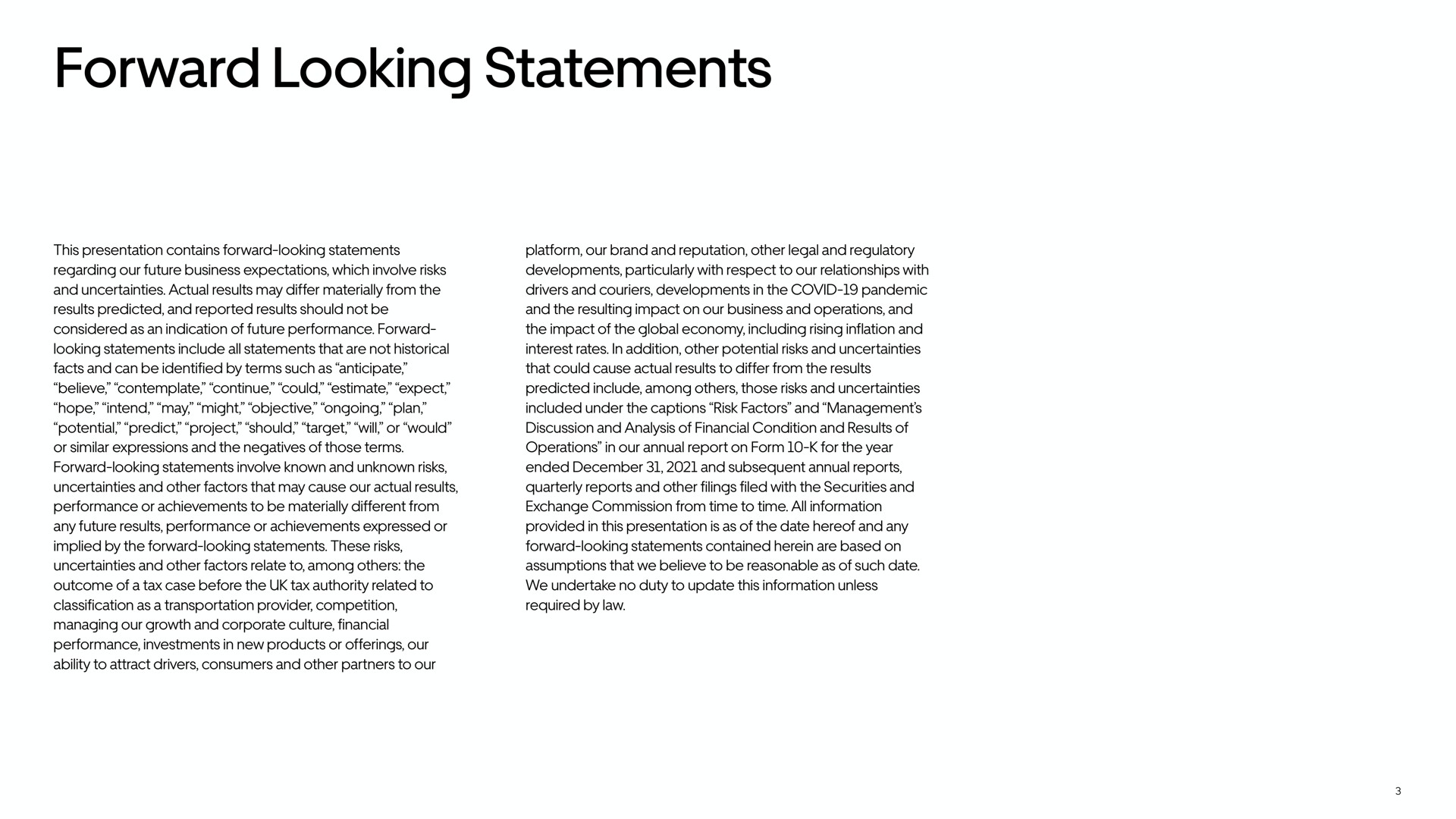 forward looking statements | Uber