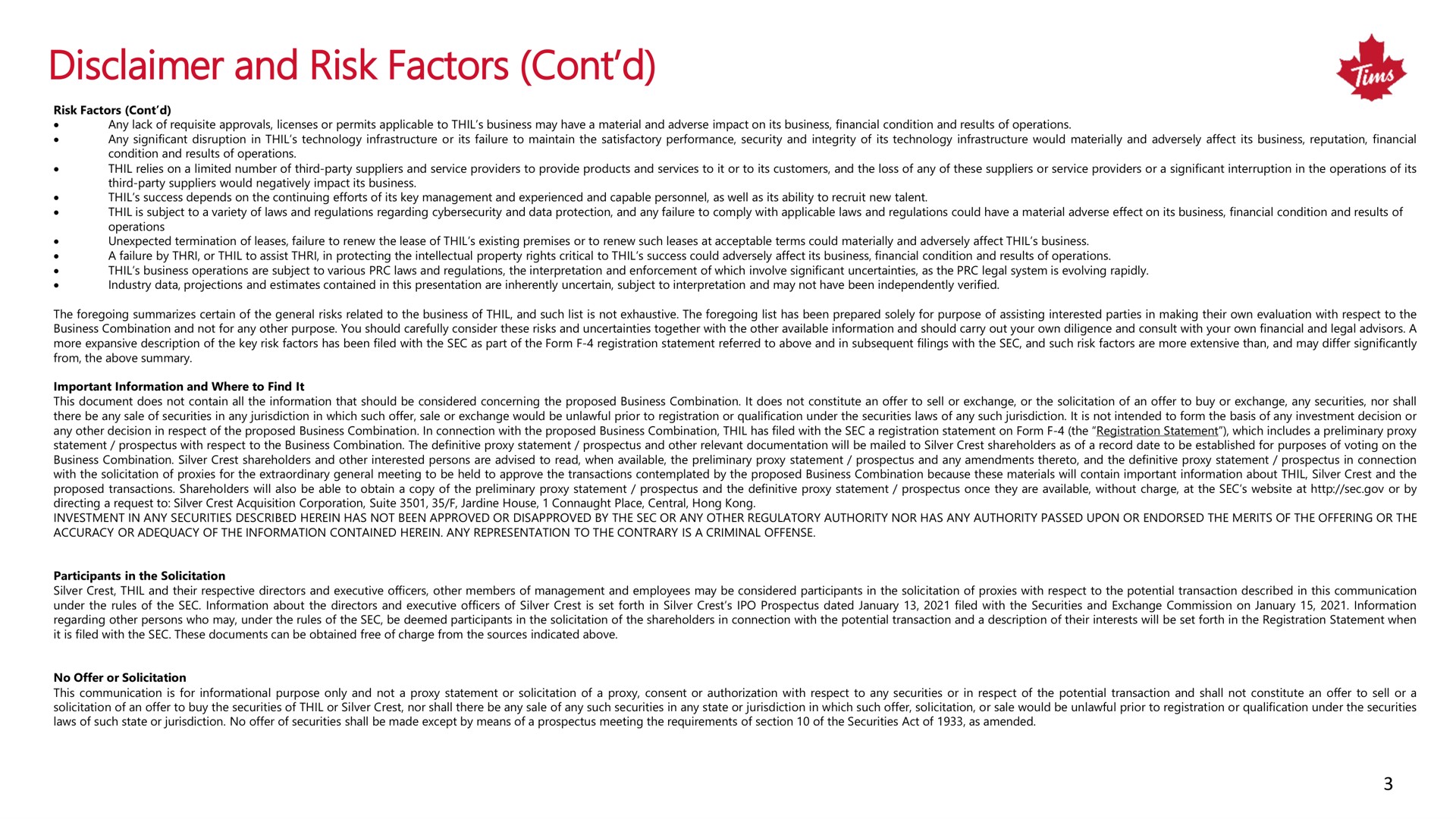 disclaimer and risk factors | Tim Hortons China