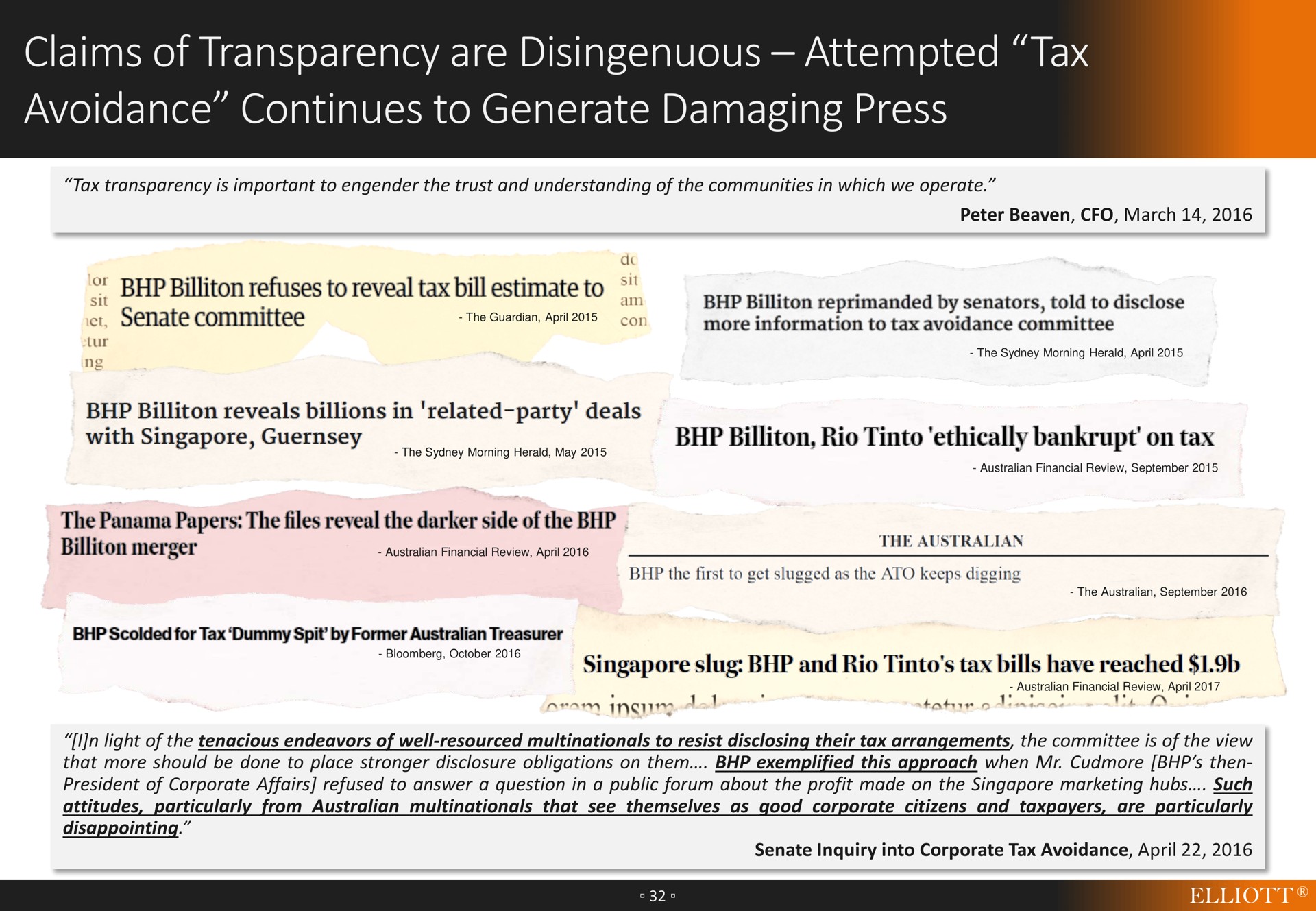 claims of transparency are disingenuous attempted tax avoidance continues to generate damaging press | Elliott Management