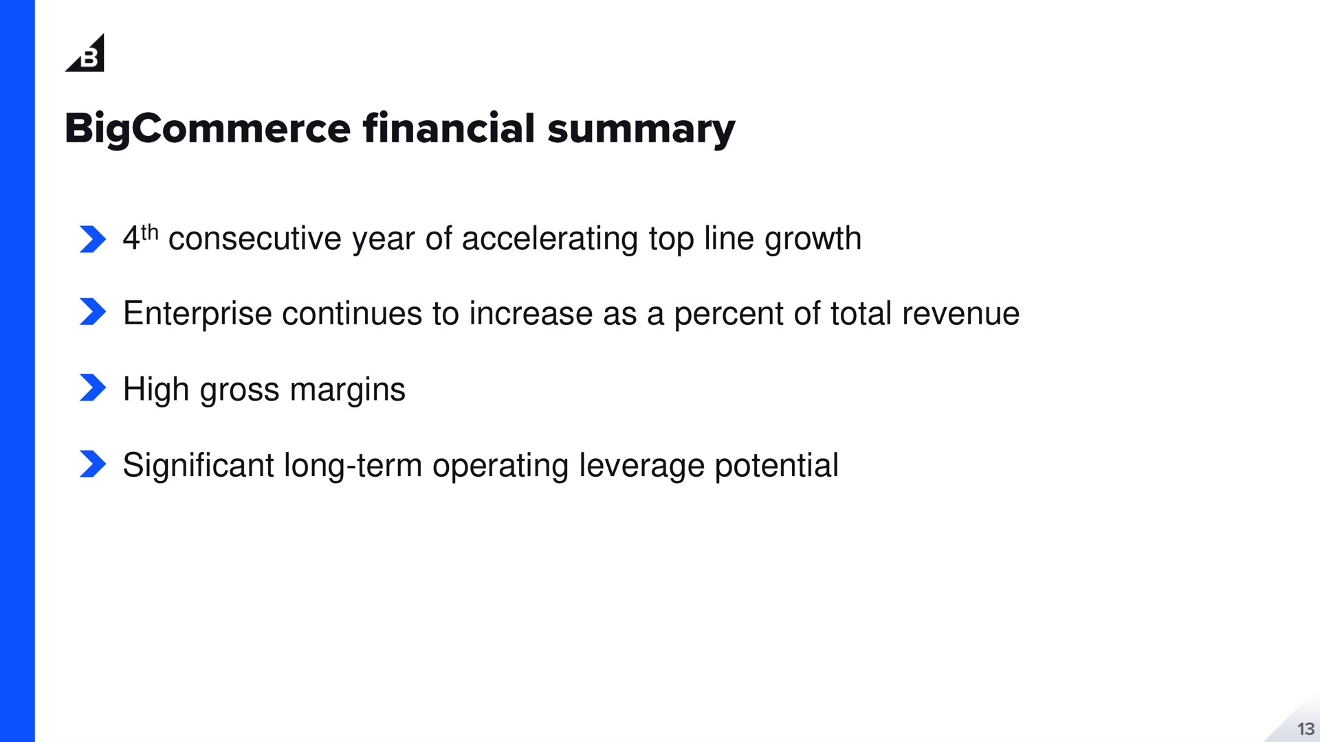 consecutive year of accelerating top line growth enterprise continues to increase as a percent of total revenue high gross margins significant long term operating leverage potential financial summary | BigCommerce