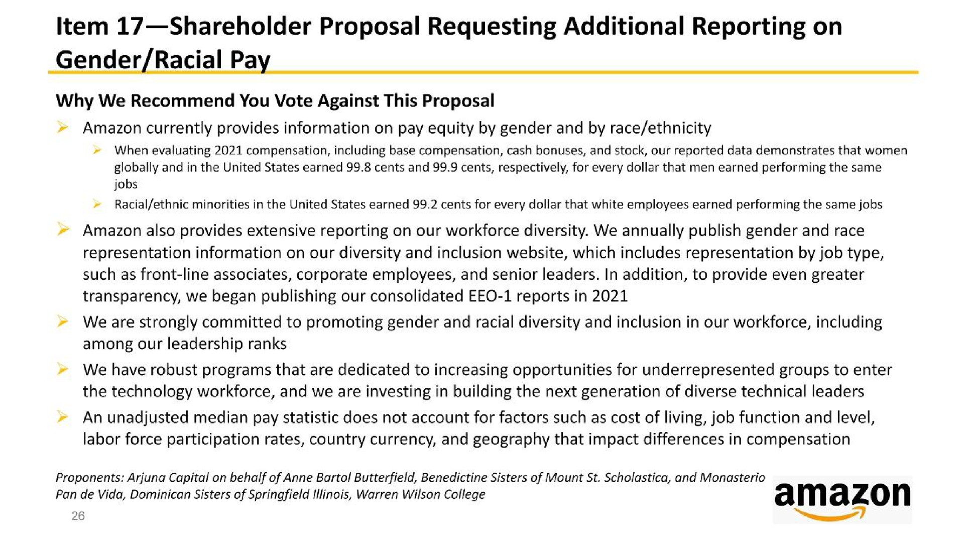 item shareholder proposal requesting additional reporting on gender racial pay | Amazon