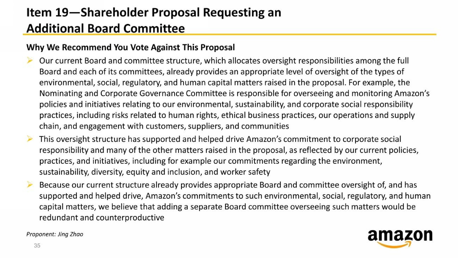 item shareholder proposal requesting an additional board committee | Amazon