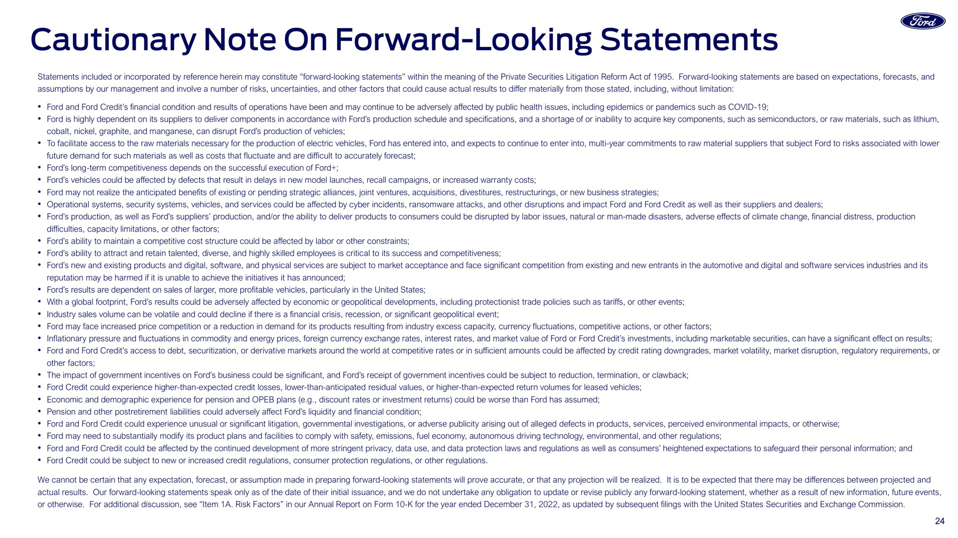 cautionary note on forward looking statements | Ford Credit