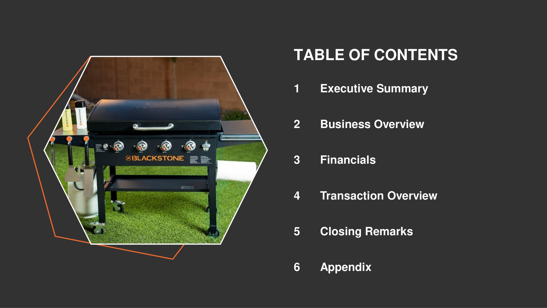 table of contents executive summary business overview transaction overview closing remarks appendix | Blackstone Products