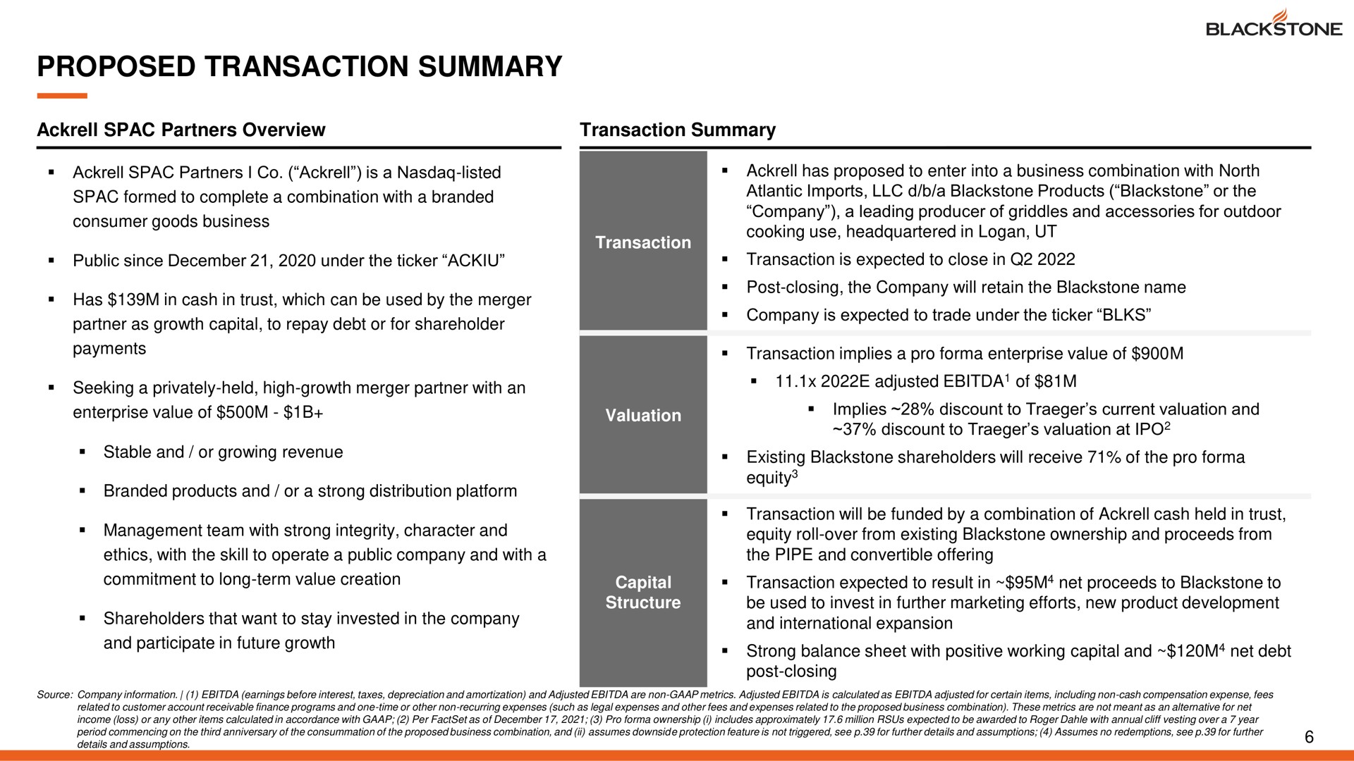 proposed transaction summary | Blackstone Products
