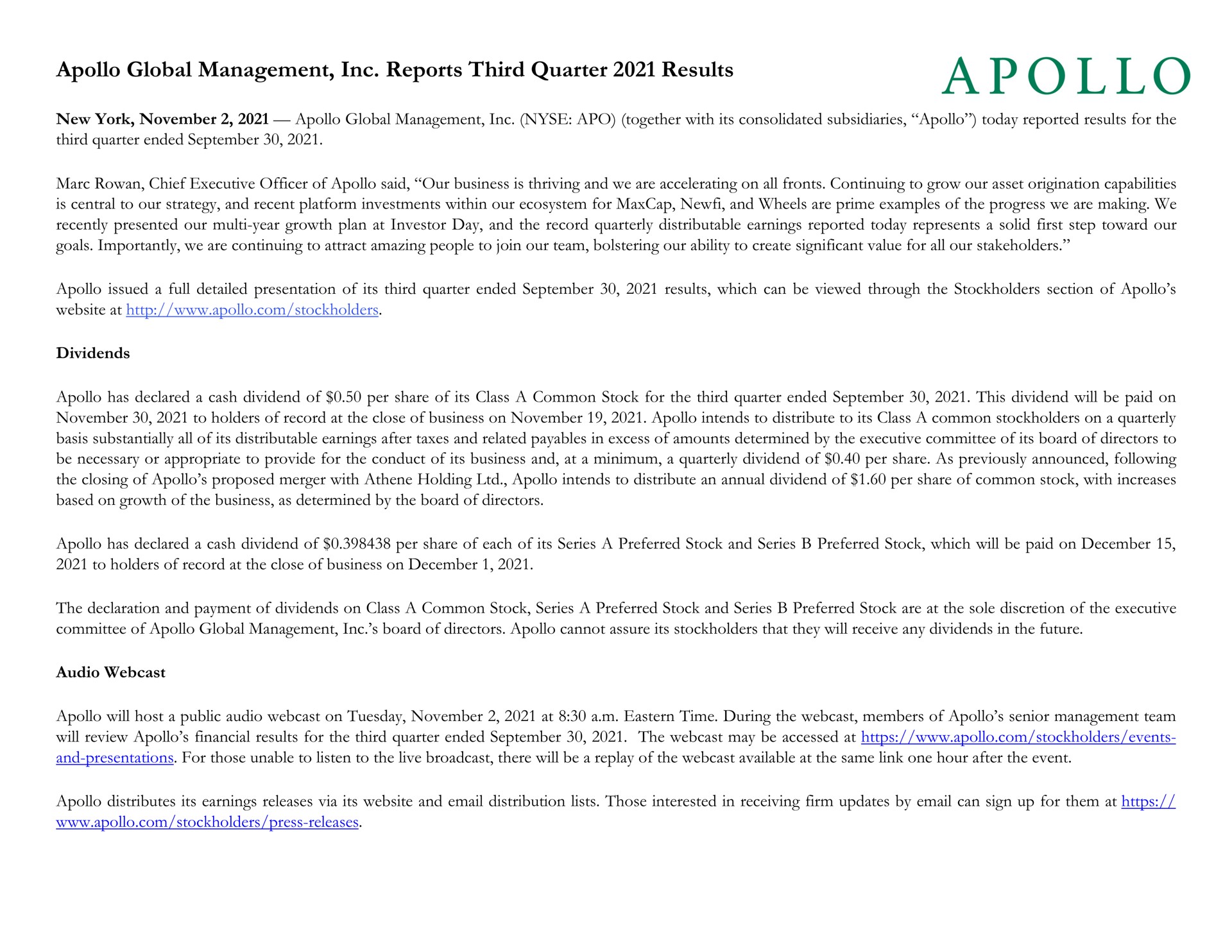 global management reports third quarter results a | Apollo Global Management