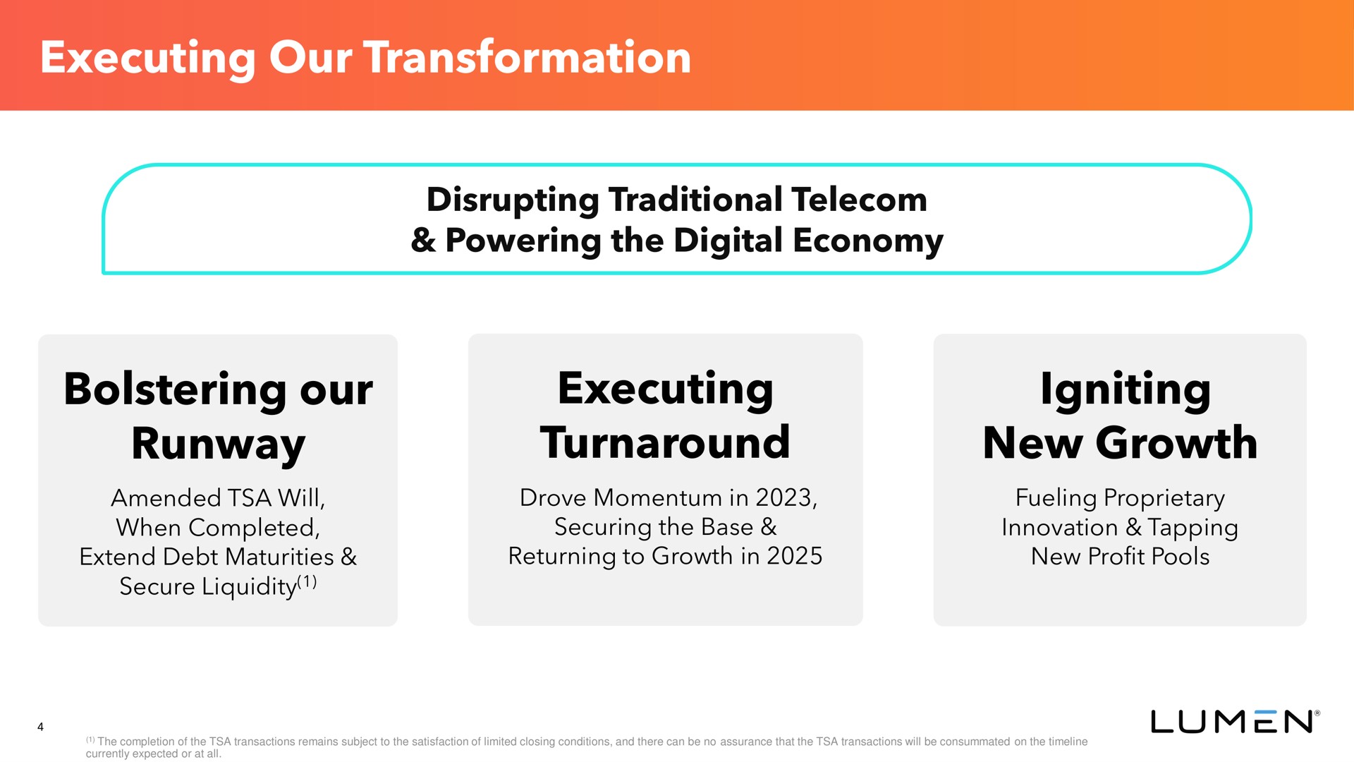 executing our transformation disrupting traditional powering the digital economy bolstering our runway executing turnaround igniting new growth | Lumen