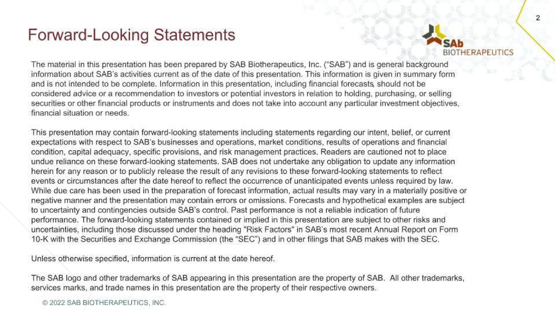 forward looking statements | SAB Biotherapeutics