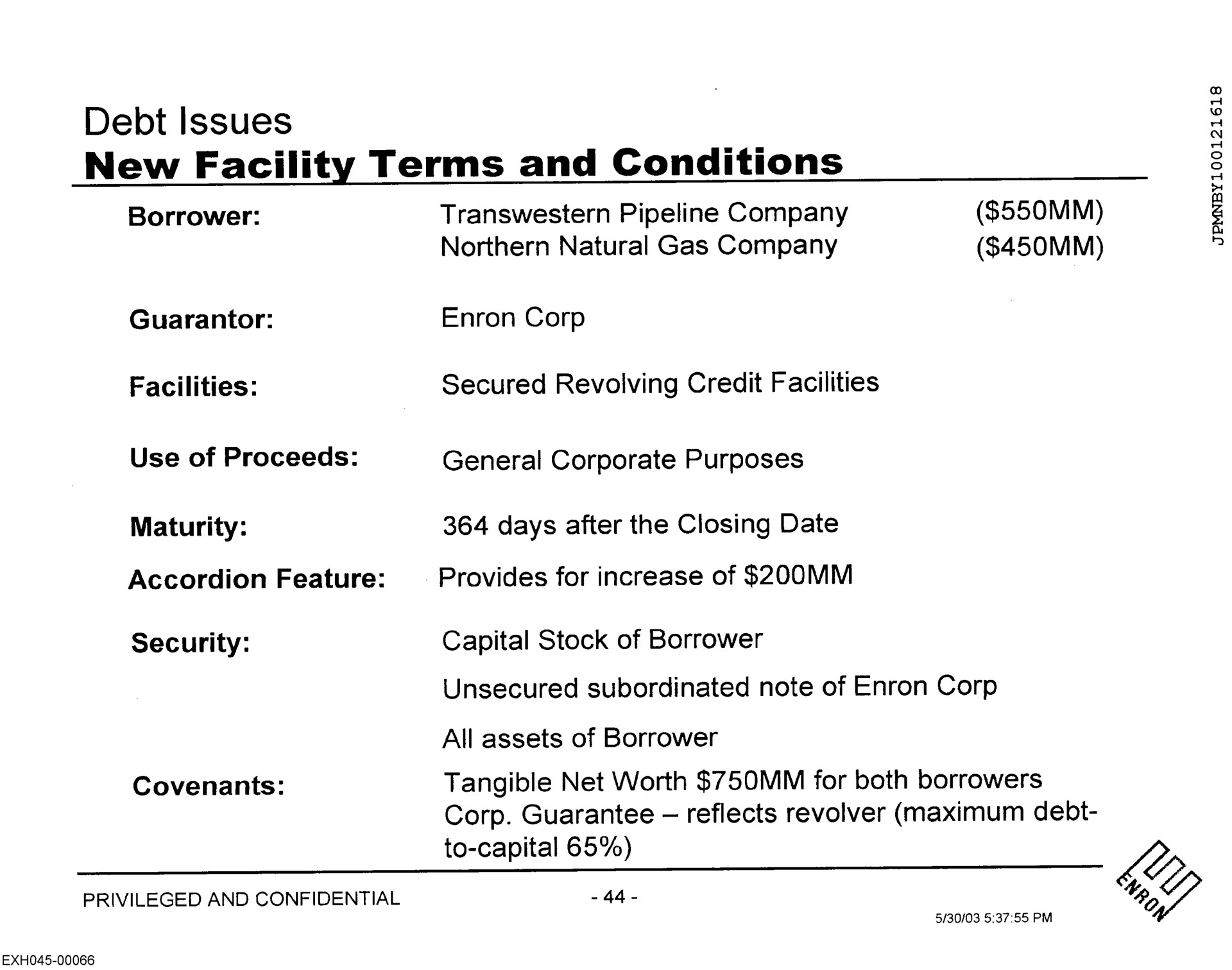 debt issues new facility terms and conditions northern natural gas company use of proceeds general corporate purposes | Enron