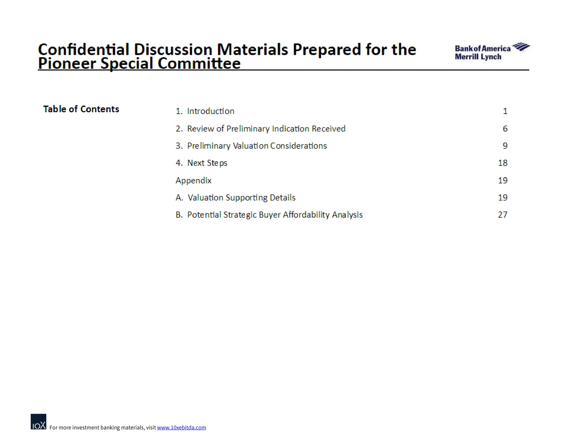 confidential discussion materials prepared for the pioneer special committee | Bank of America