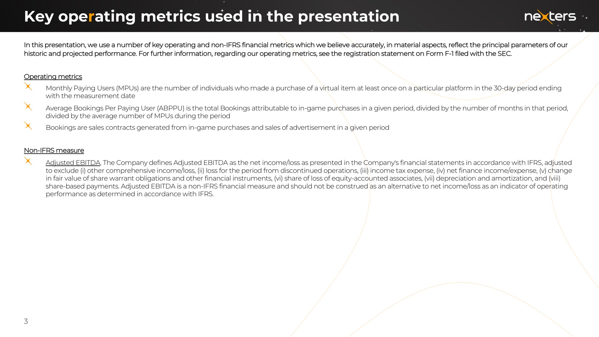 key operating metrics used in the presentation | Nexters