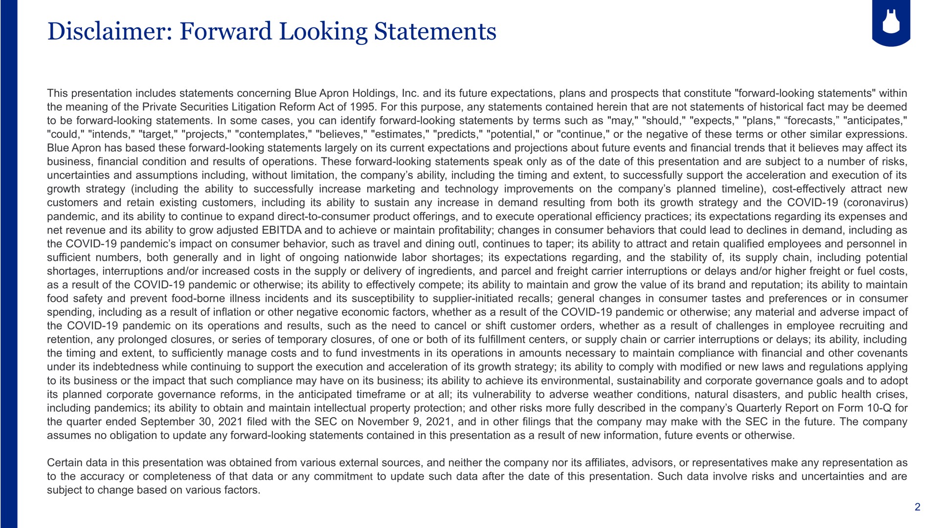 disclaimer forward looking statements | Blue Apron