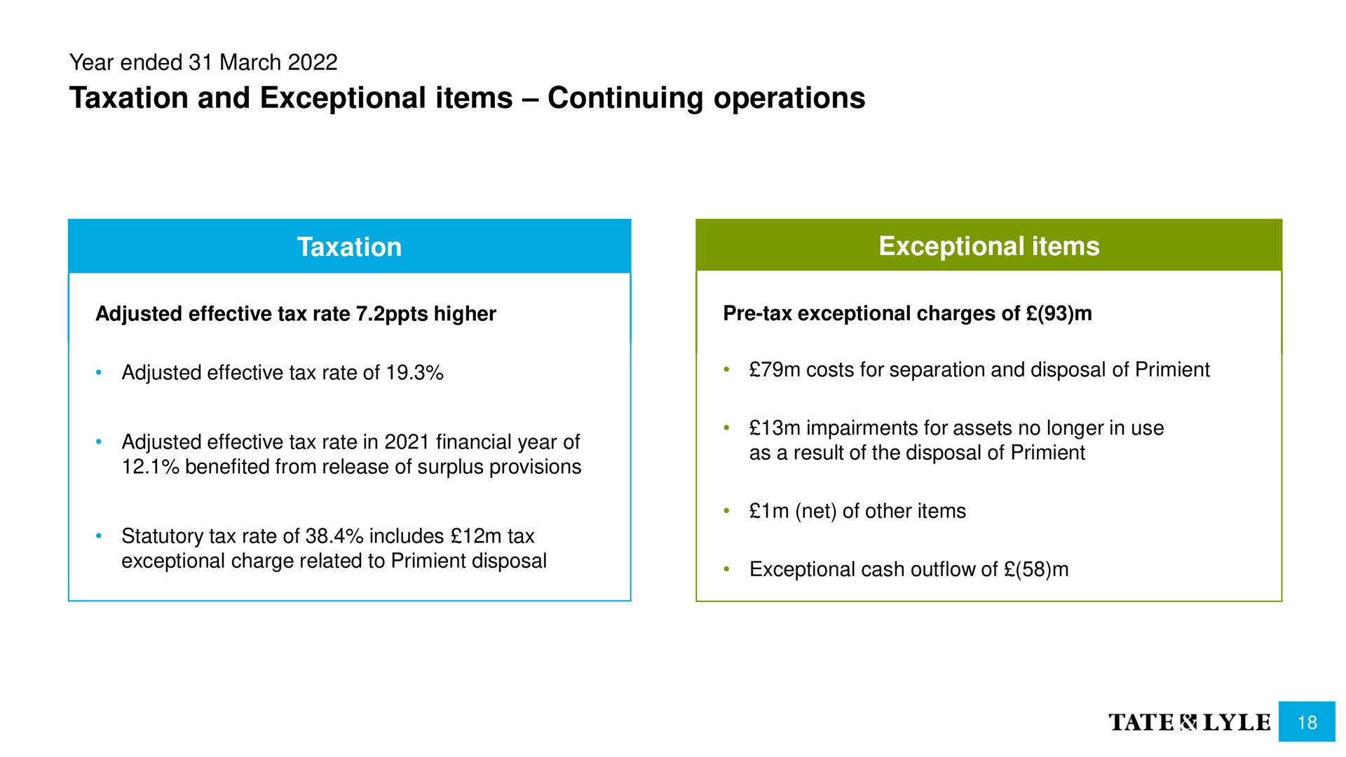 taxation and exceptional items continuing operations taxation exceptional items tate | Tate and Lyle