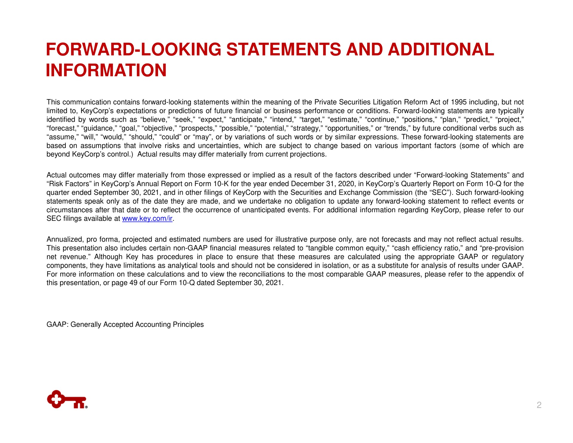 forward looking statements and additional information or | KeyCorp