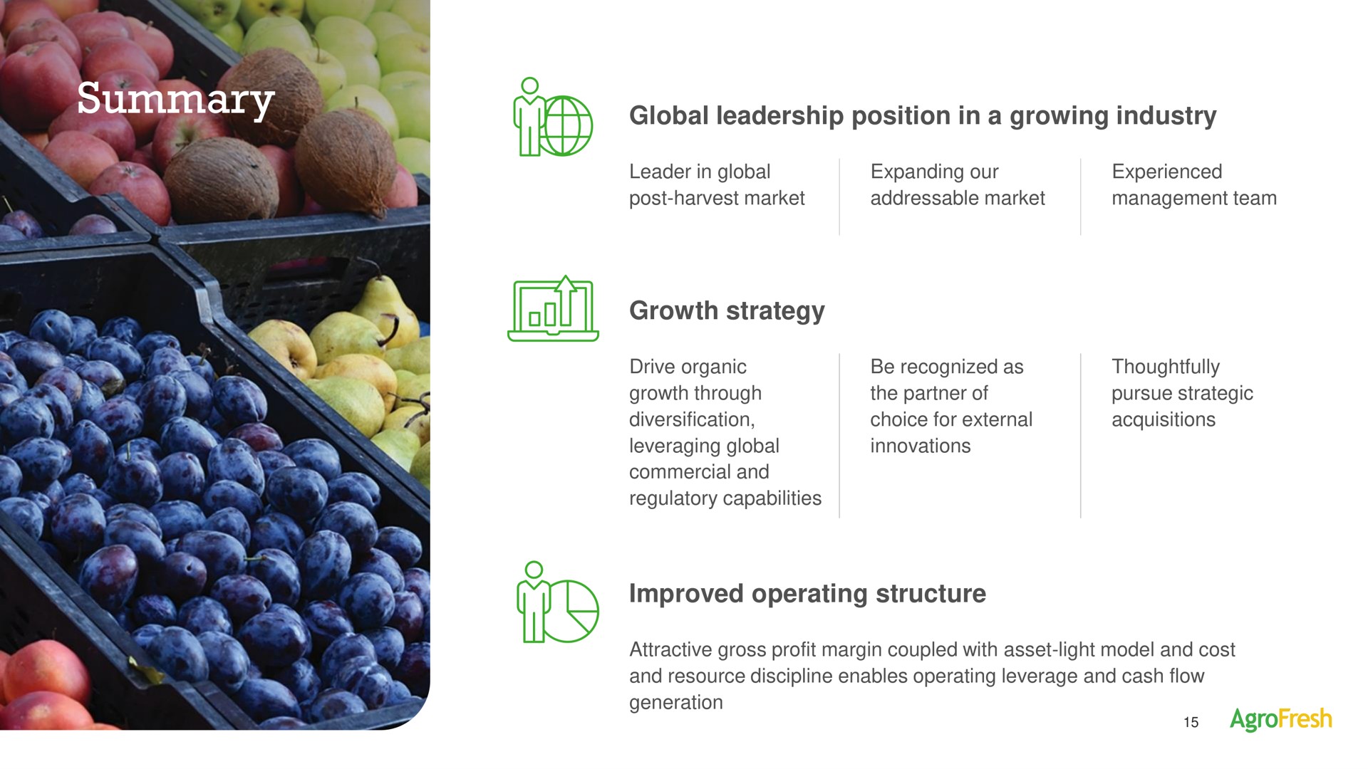 summary global leadership position in a growing industry leader in global post harvest market expanding our market experienced management team growth strategy drive organic growth through diversification leveraging global commercial and regulatory capabilities be recognized as the partner of choice for external innovations thoughtfully pursue strategic acquisitions improved operating structure attractive gross profit margin coupled with asset light model and cost and resource discipline enables operating leverage and cash flow generation is | AgroFresh
