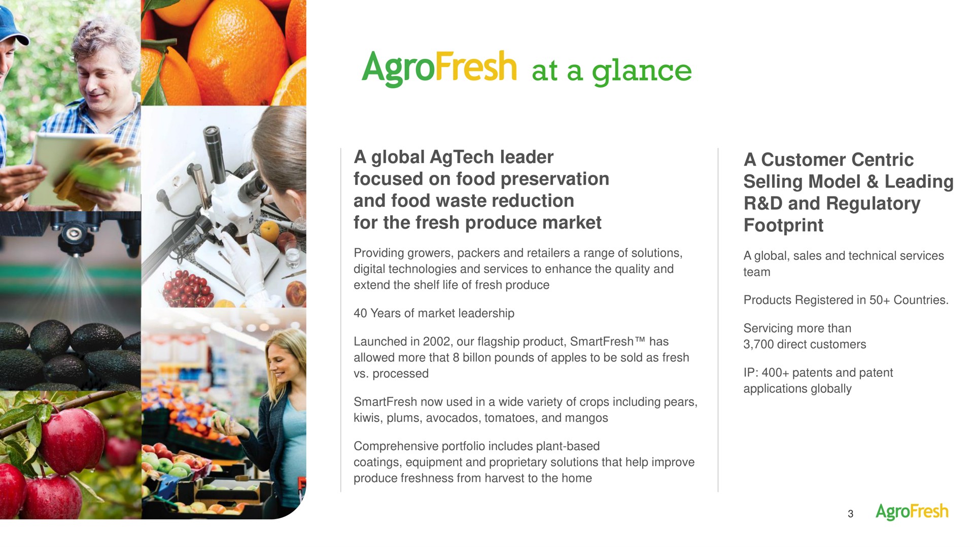 at a glance global leader focused on food preservation and food waste reduction for the fresh produce market customer centric selling model leading and regulatory footprint | AgroFresh