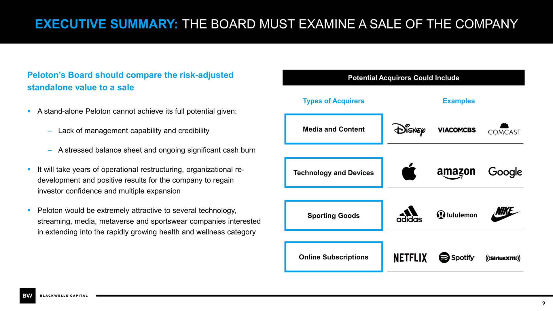 executive summary the board must examine a sale of the company | Blackwells Capital