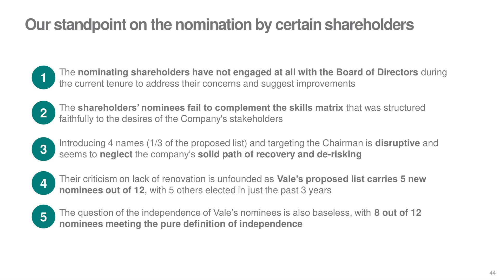 our standpoint on the nomination by certain shareholders nominating have not engaged at all with board of directors during current tenure to address their concerns and suggest improvements nominees fail to complement skills matrix that was structured faithfully to desires of company stakeholders introducing names of proposed list and targeting chairman is disruptive and seems to neglect company solid path of recovery and risking their criticism lack of renovation is unfounded as vale proposed list carries new nominees out of with elected in just past years nominees meeting pure definition of independence | Vale