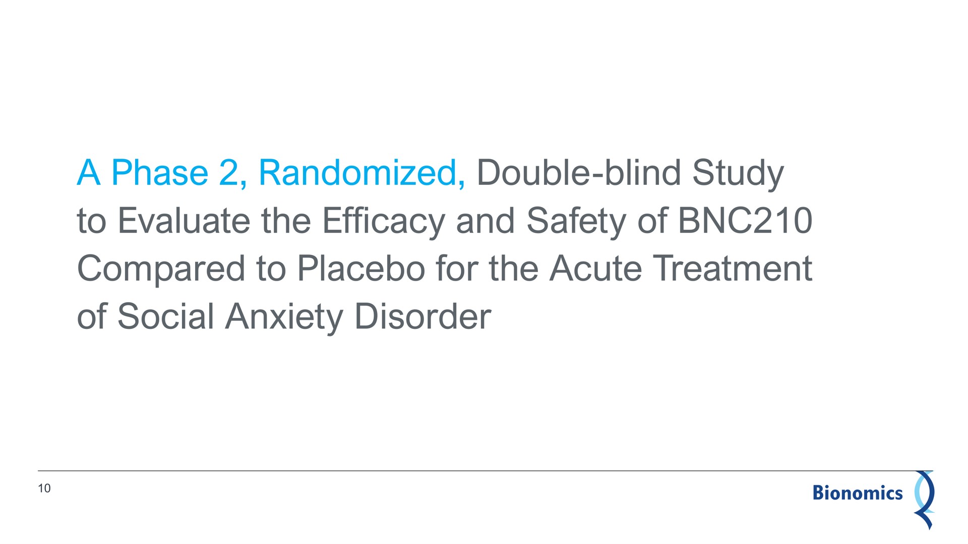 a phase randomized double blind study to evaluate the efficacy and safety of compared to placebo for the acute treatment of social anxiety disorder | Bionomics