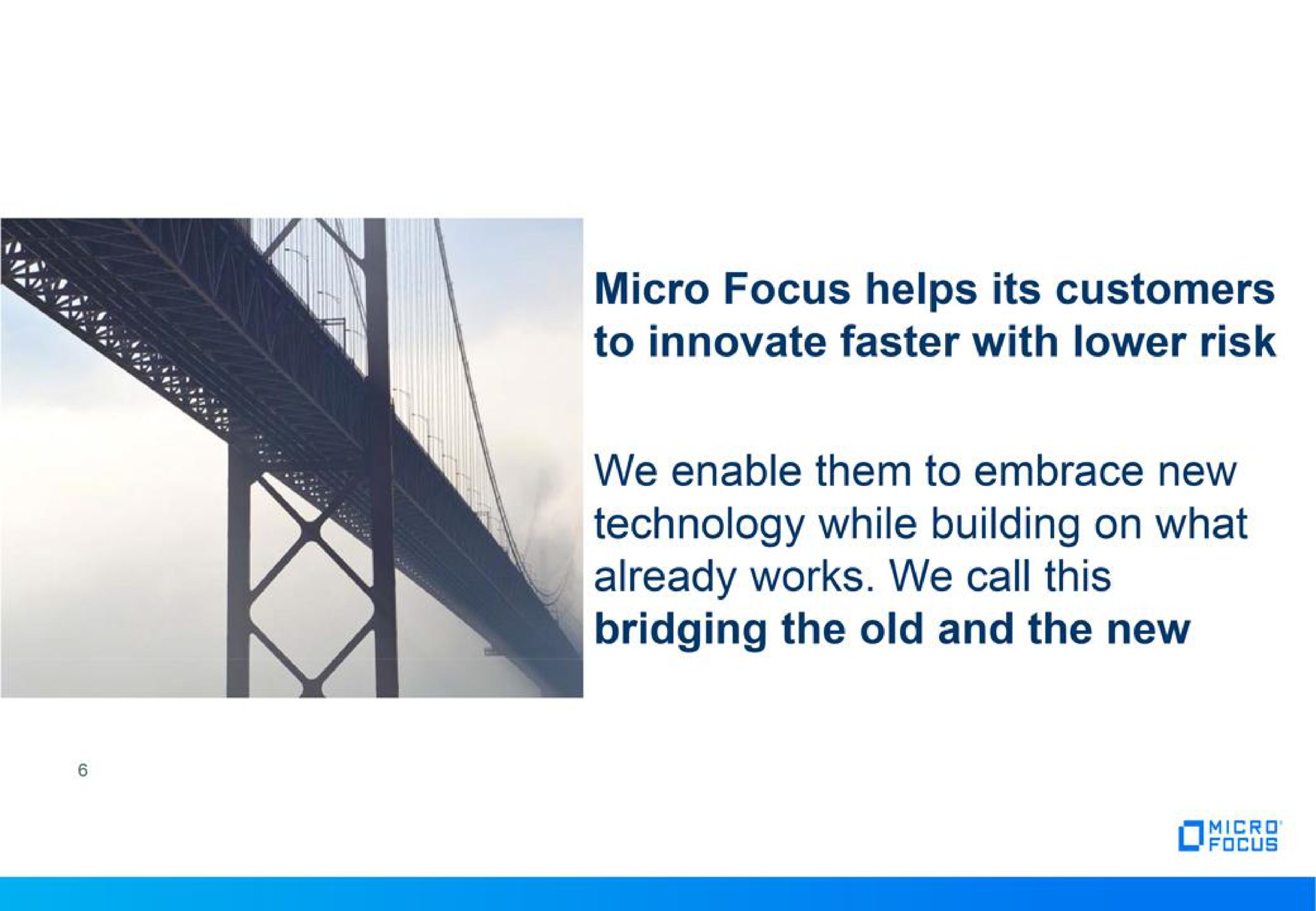 micro focus helps its customers to innovate faster with lower risk we enable them to embrace new technology while building on what already works we call this bridging the old and the new | Micro Focus