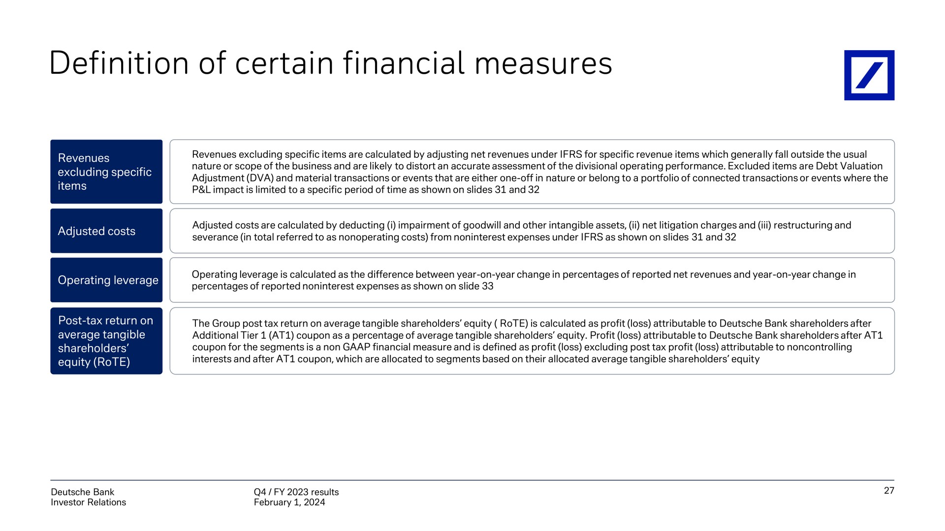 definition of certain financial measures | Deutsche Bank