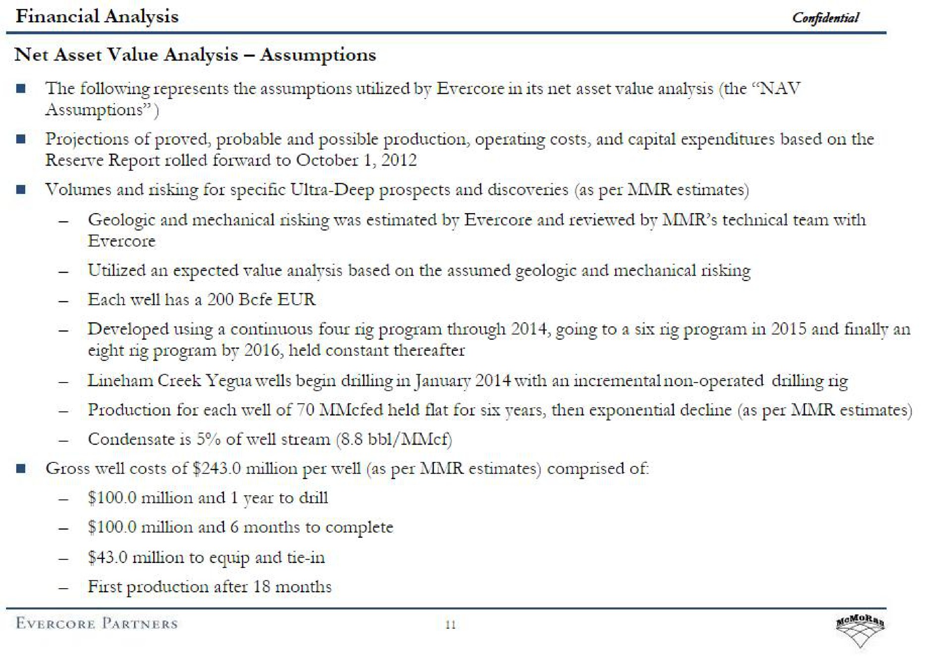 financial analysis net asset value analysis assumptions confidential projections of proved probable and possible production operating costs and capital expenditures based on the volumes and for specific ultra deep prospects and discoveries as per utilized an expected value analysis based on the assumed geologic and mechanical each well has a developed using a continuous four program through going to a six program in and finally an creek wells begin in with an operated drilling | Evercore