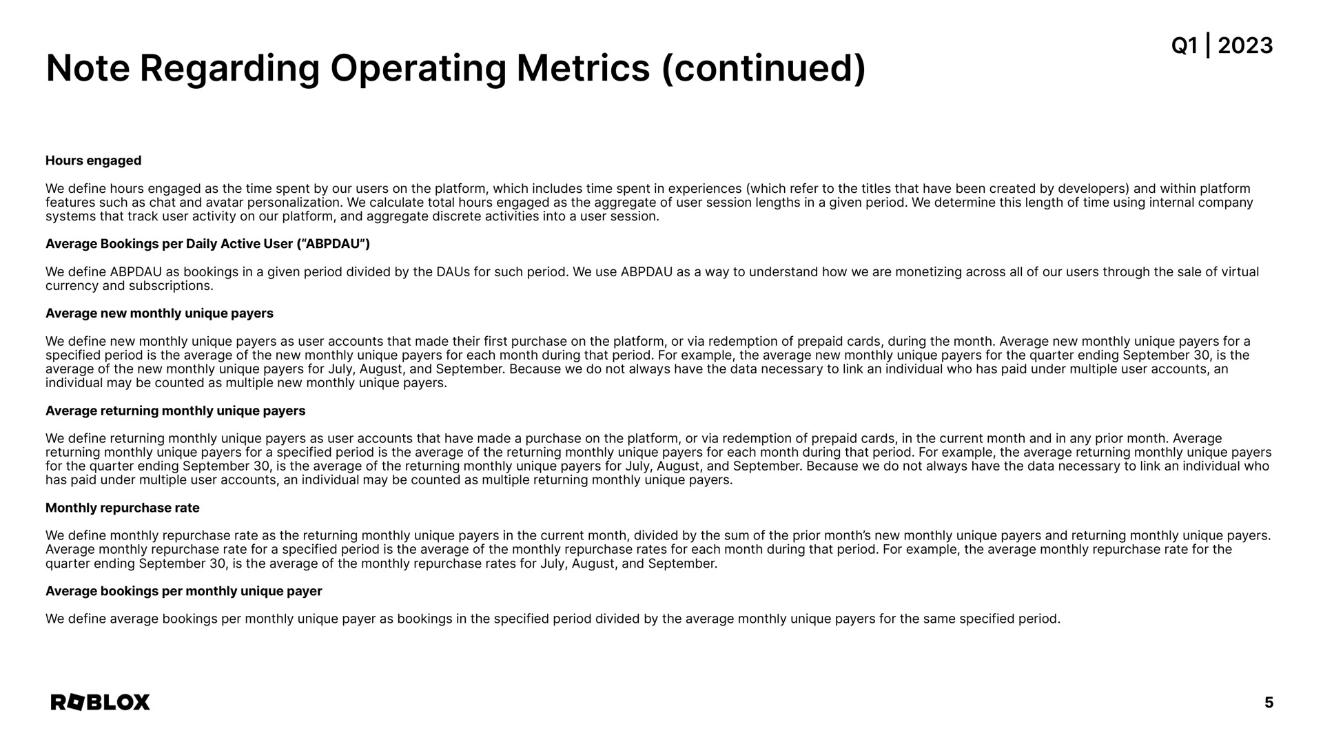 note regarding operating metrics continued | Roblox